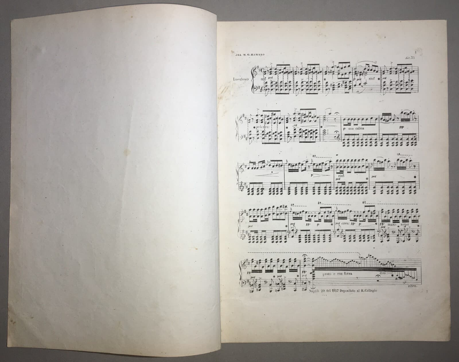 Musica, Antico Spartito Per Pianoforte. Andante Dei Puritani, Giuseppe Romano.