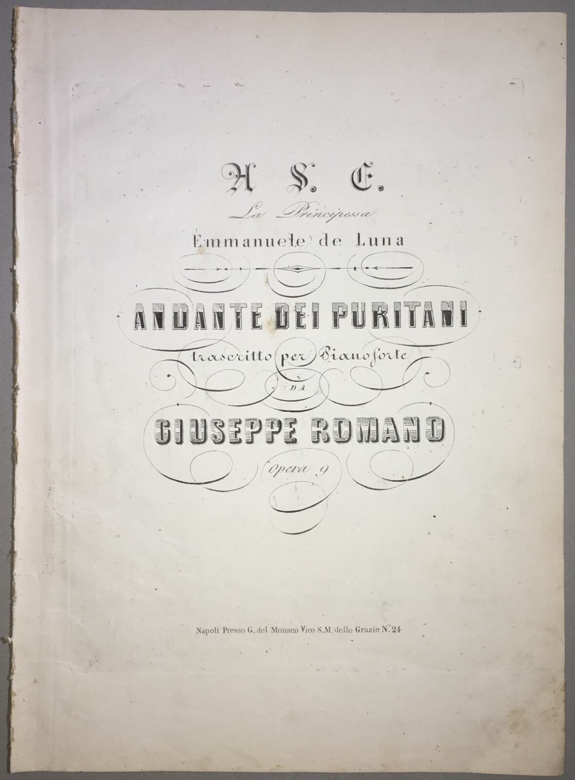 Musica, Antico Spartito Per Pianoforte. Andante Dei Puritani, Giuseppe Romano.