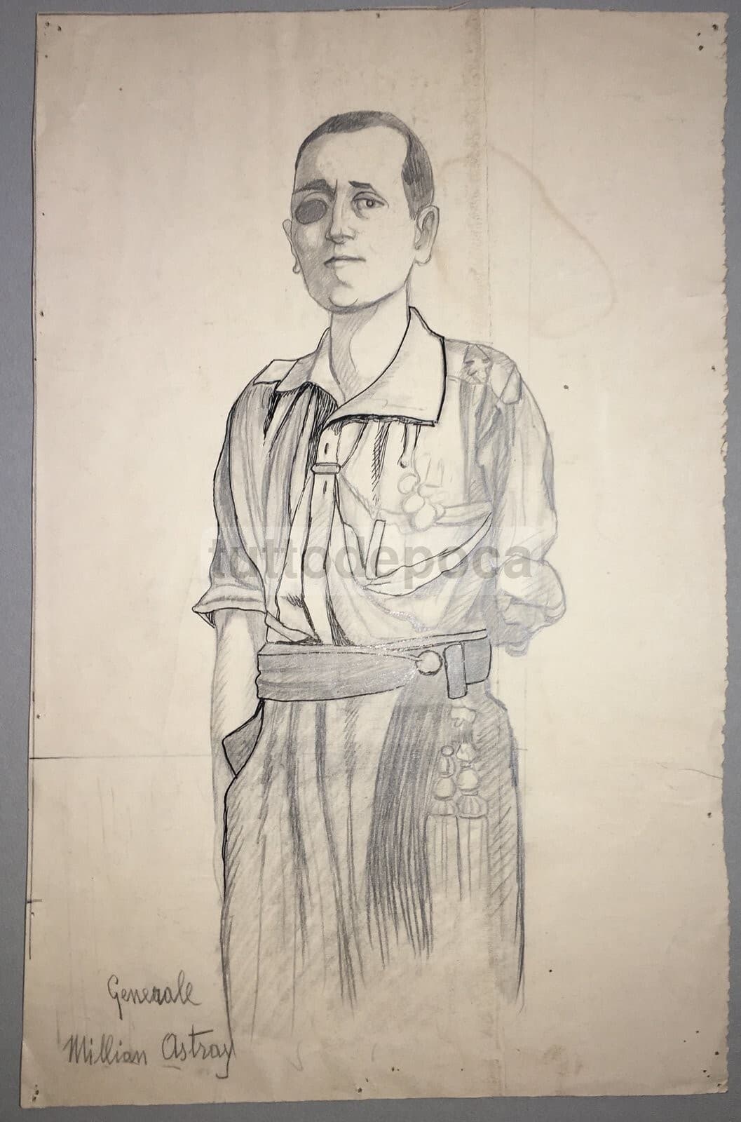 Ritratto Del Generale José Millán Astray E Bozzetto Di Soldato Con Fucile, Disegno A Matita