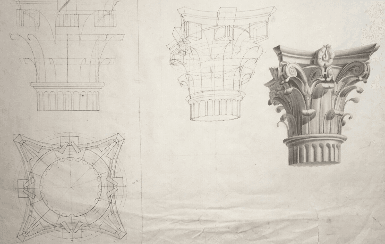 Arte, Architettura, Ingegneria: Antico Disegno Architettonico Di Prospettiva Con Capitello