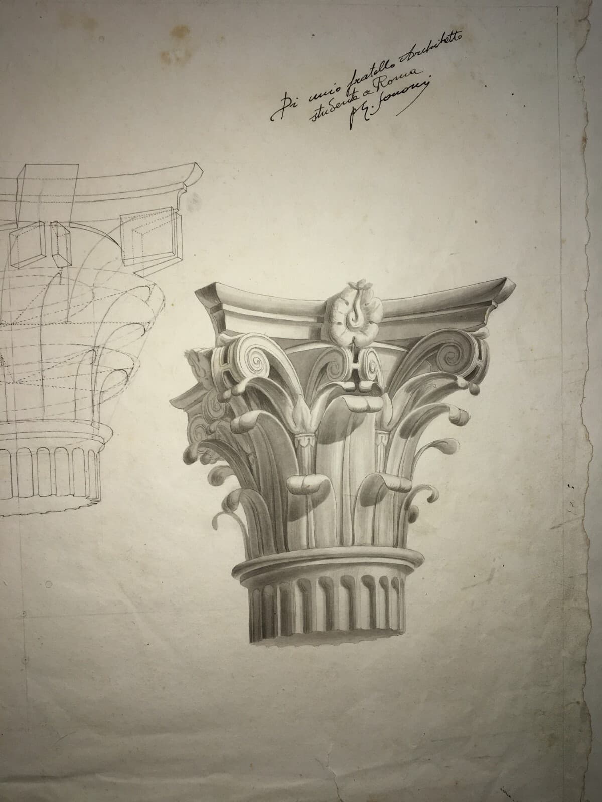 Arte, Architettura, Ingegneria: Antico Disegno Architettonico Di Prospettiva Con Capitello