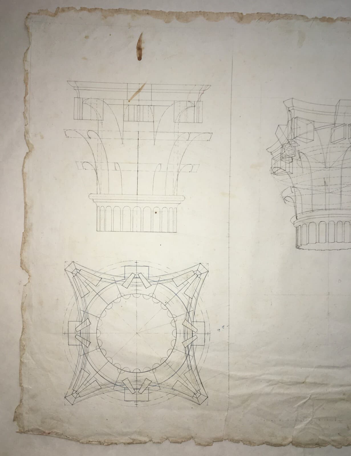 Arte, Architettura, Ingegneria: Antico Disegno Architettonico Di Prospettiva Con Capitello