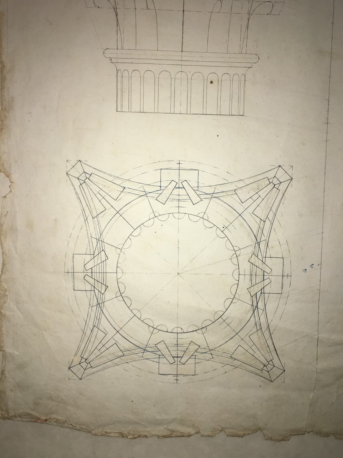 Arte, Architettura, Ingegneria: Antico Disegno Architettonico Di Prospettiva Con Capitello