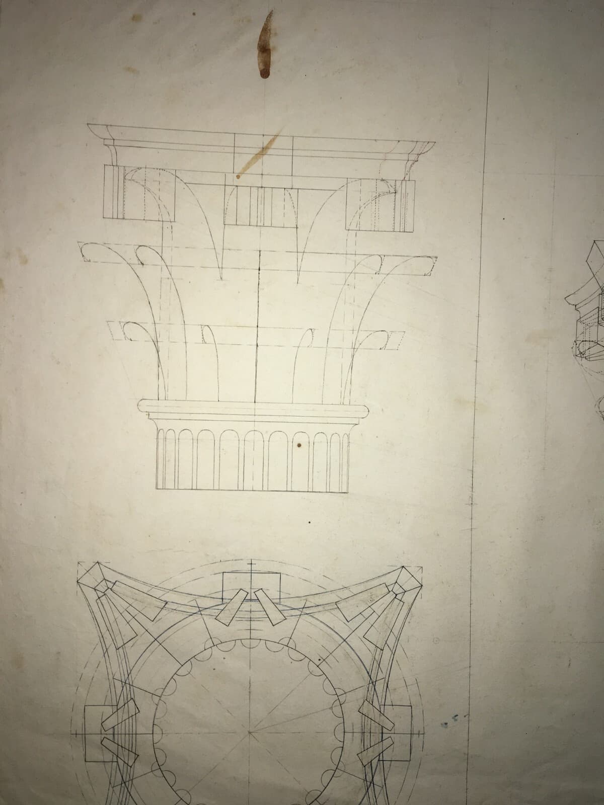 Arte, Architettura, Ingegneria: Antico Disegno Architettonico Di Prospettiva Con Capitello