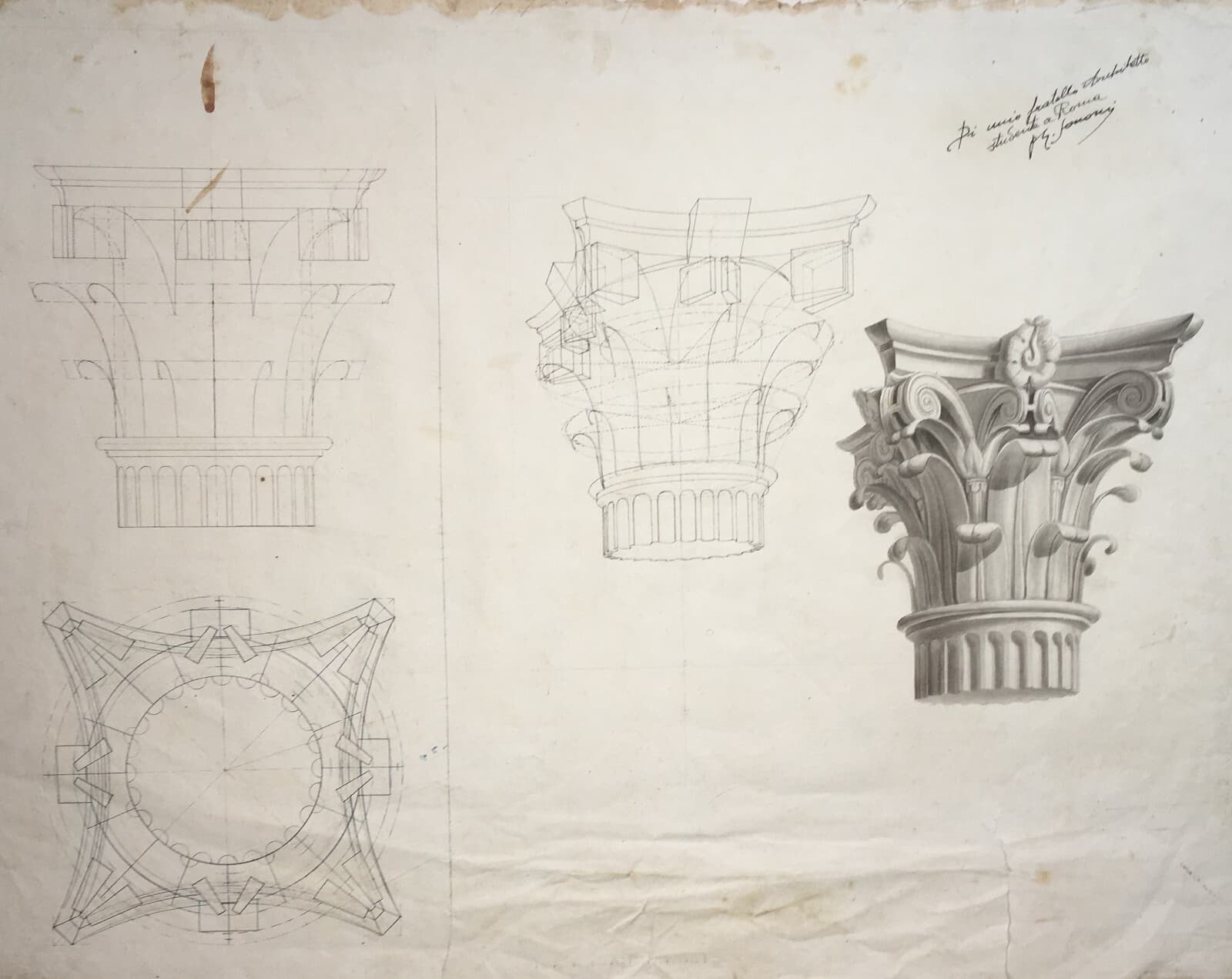 Arte, Architettura, Ingegneria: Antico Disegno Architettonico Di Prospettiva Con Capitello