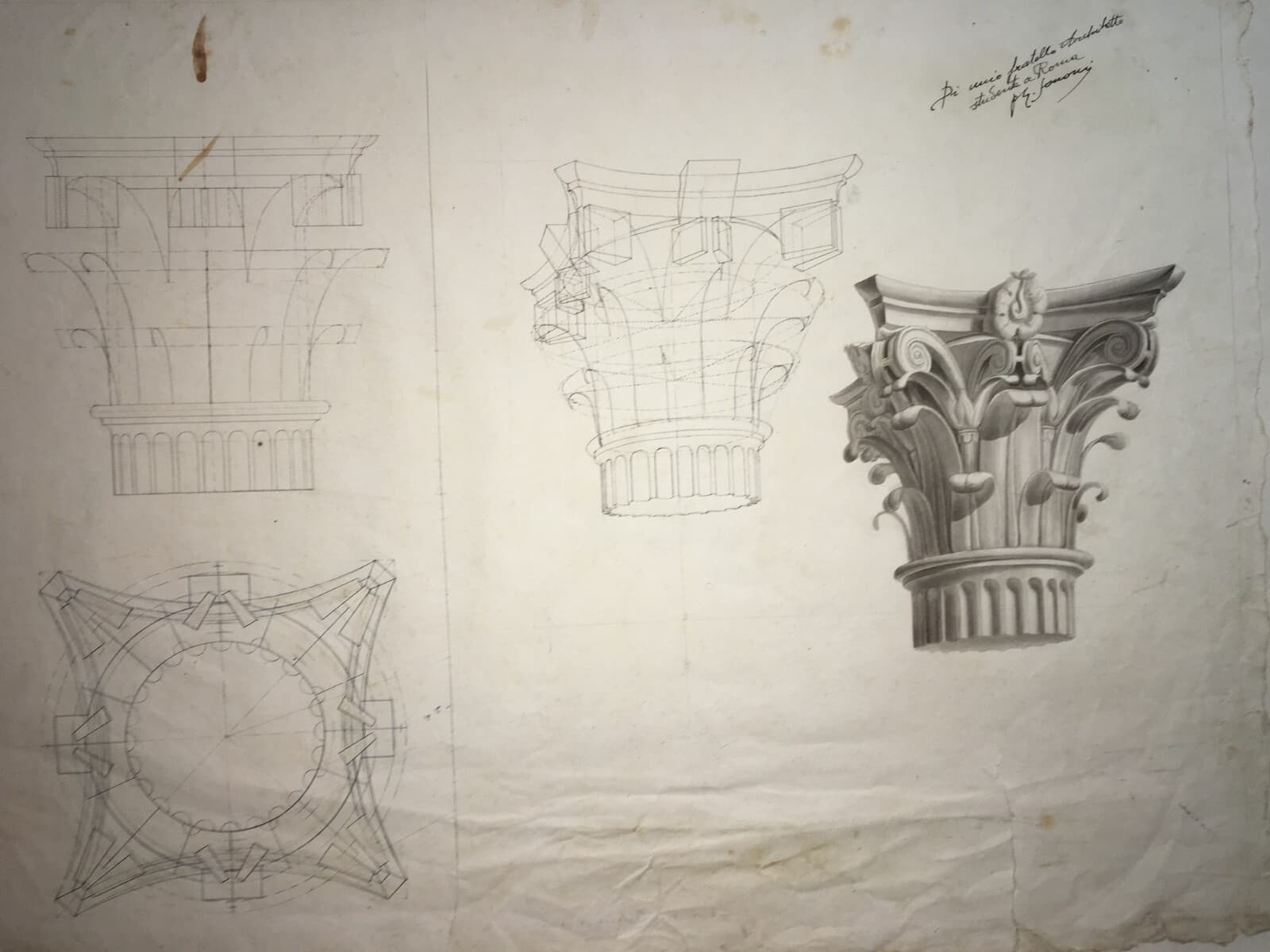 Arte, Architettura, Ingegneria: Antico Disegno Architettonico Di Prospettiva Con Capitello