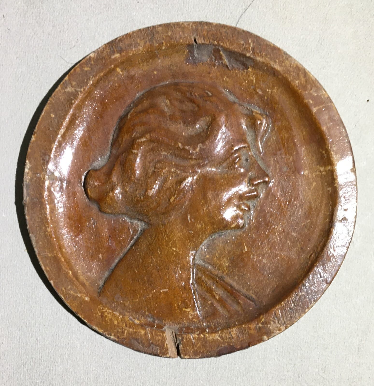 Antico Legno Intagliato   Testino Femminile   Decorativa Applicazione d'Epoca