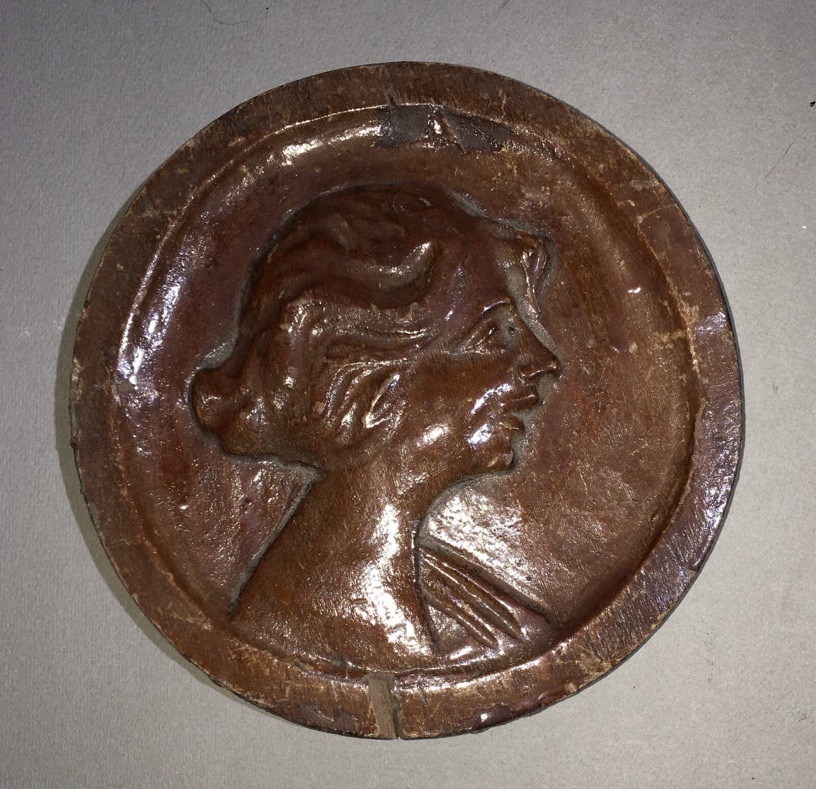 Antico Legno Intagliato   Testino Femminile   Decorativa Applicazione d'Epoca