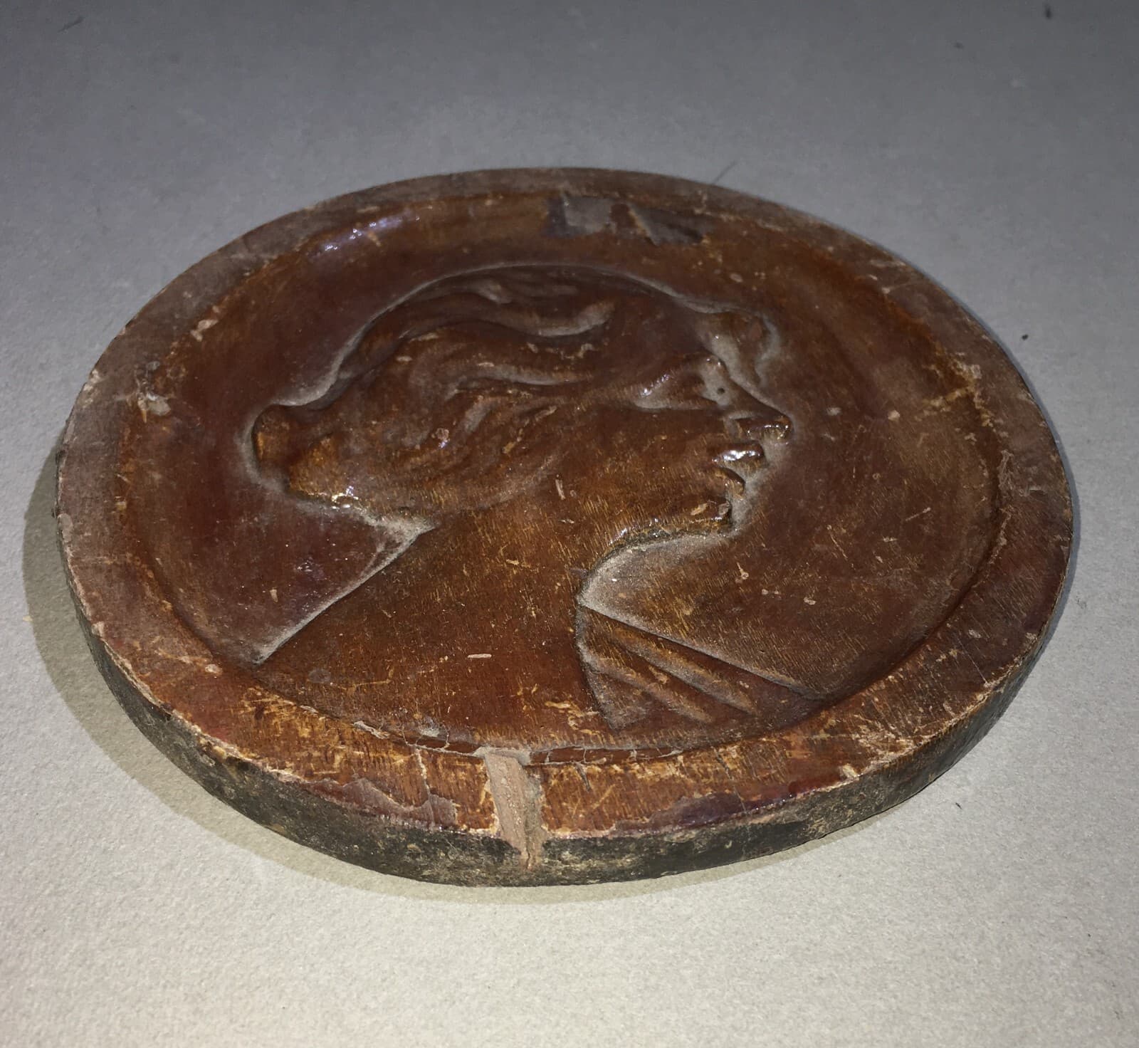 Antico Legno Intagliato   Testino Femminile   Decorativa Applicazione d'Epoca