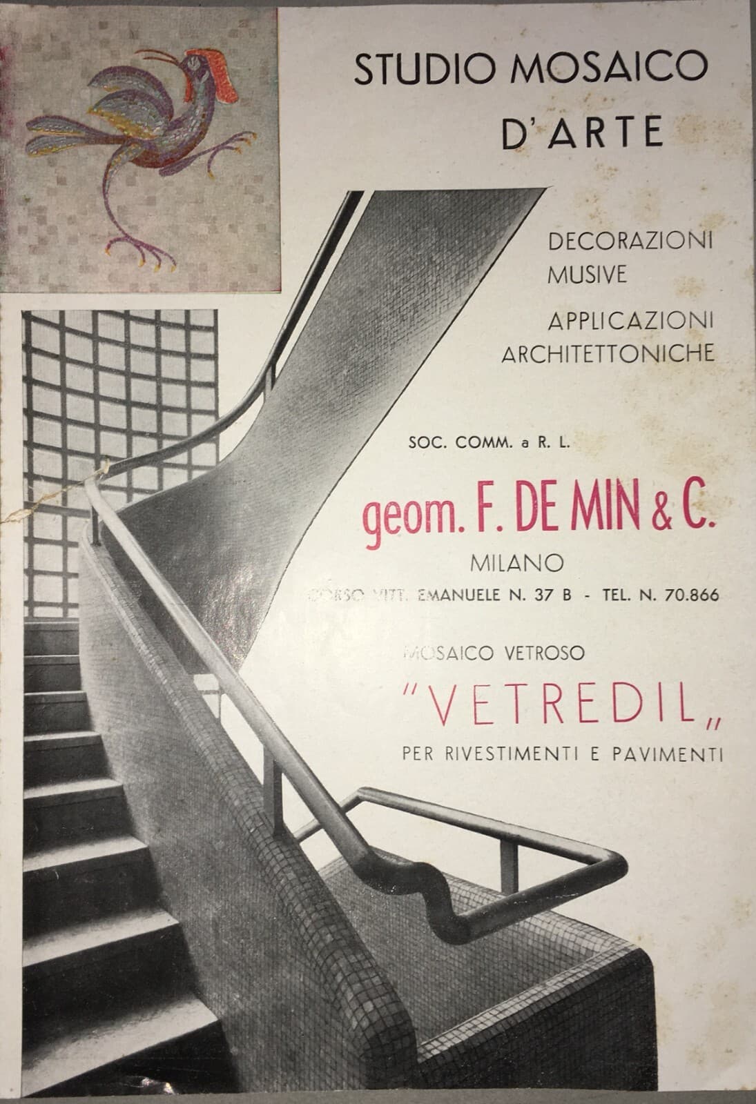 Arte Musiva E Mosaici: De Min & C. Milano, Bar Lux. Volantino Pubblicitario Anni '30