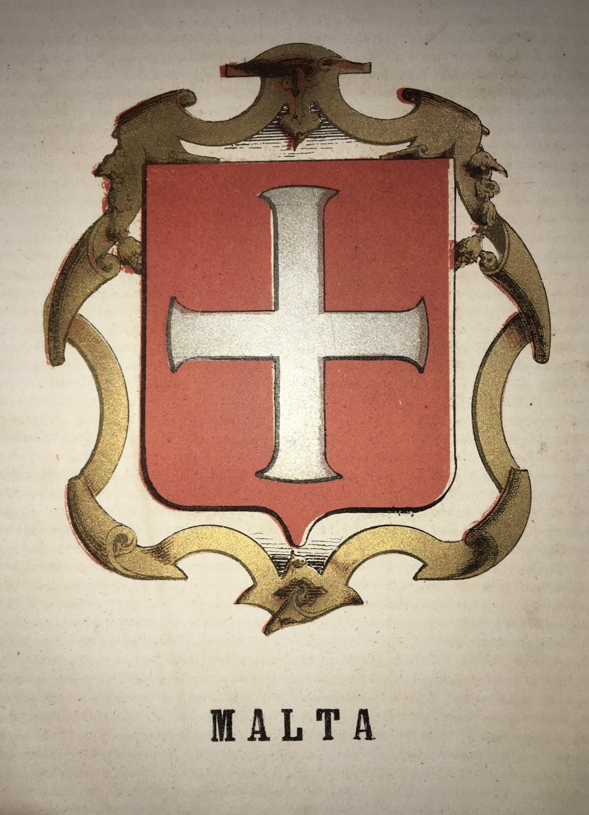 Araldica: Stemma Araldico Di Malta. Antica Stampa Cromolitografica Dell'800