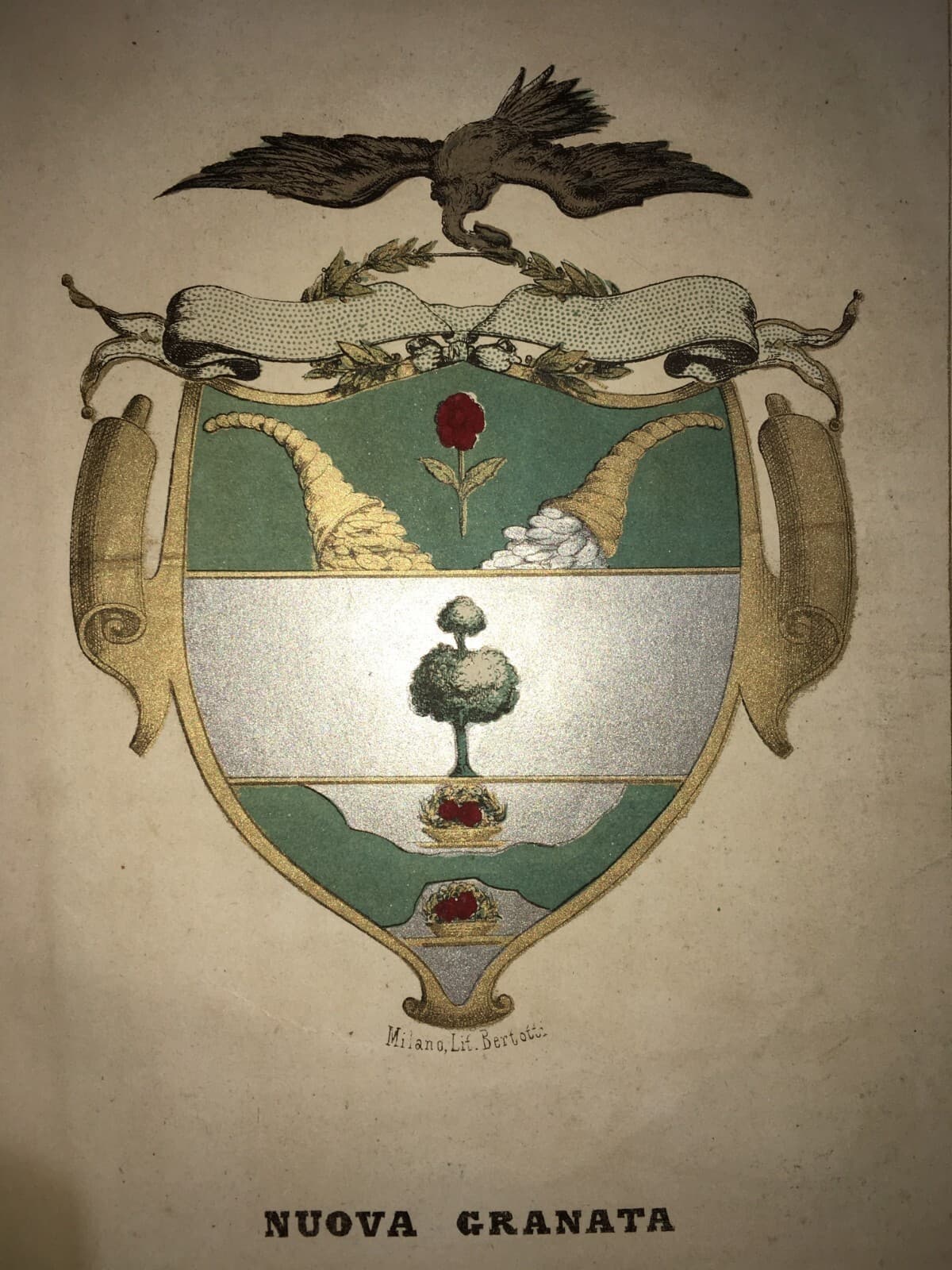 Araldica: Antico Stemma Allegorico Della Nuova Granata. Litografia A Colori Di Bertotti, XIX Secolo