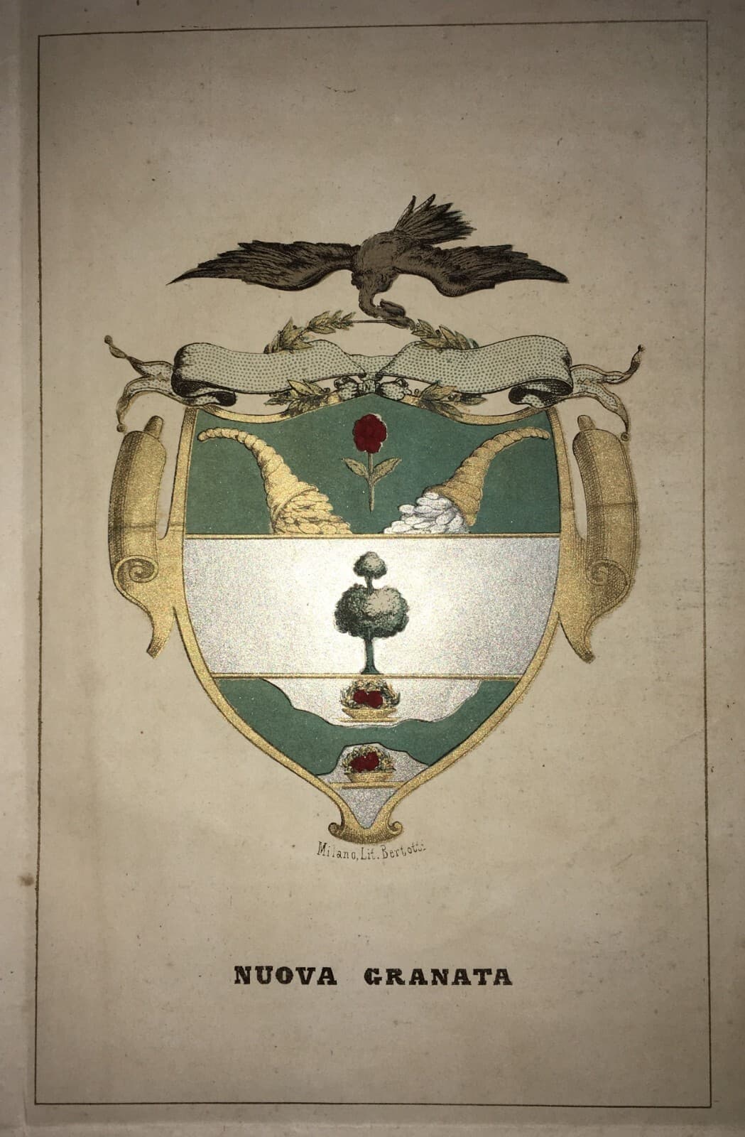 Araldica: Antico Stemma Allegorico Della Nuova Granata. Litografia A Colori Di Bertotti, XIX Secolo