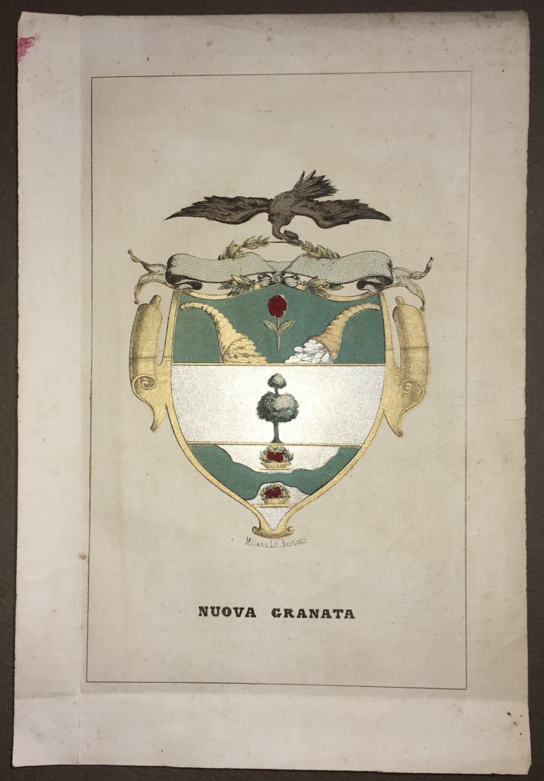 Araldica: Antico Stemma Allegorico Della Nuova Granata. Litografia A Colori Di Bertotti, XIX Secolo