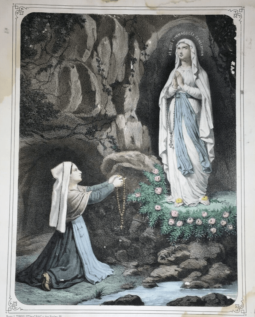 Antica Stampa Popolare Devozionale   Immacolata Concezione   Madonna Di Lourdes   XIX Secolo