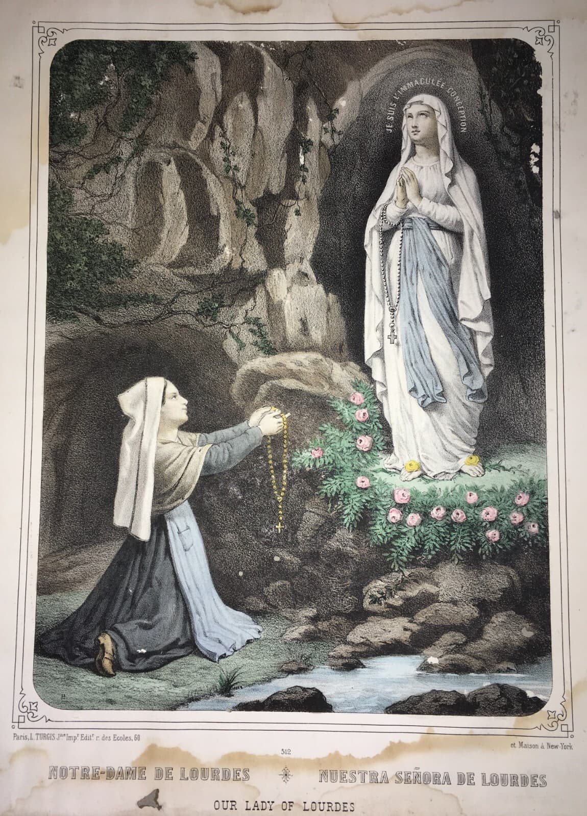 Antica Stampa Popolare Devozionale   Immacolata Concezione   Madonna Di Lourdes   XIX Secolo