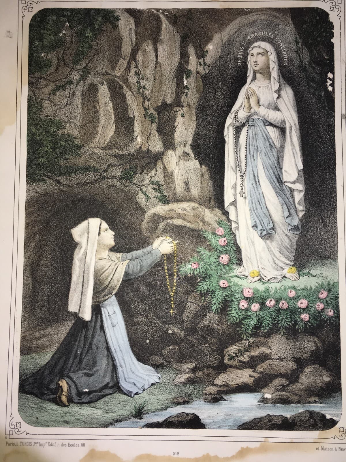 Antica Stampa Popolare Devozionale   Immacolata Concezione   Madonna Di Lourdes   XIX Secolo