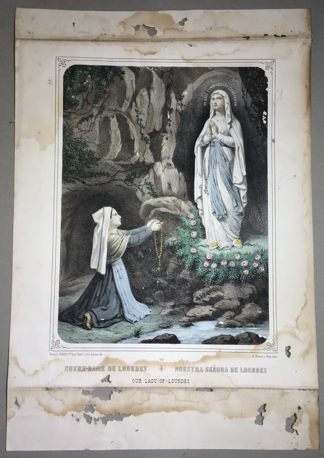 Antica Stampa Popolare Devozionale   Immacolata Concezione   Madonna Di Lourdes   XIX Secolo