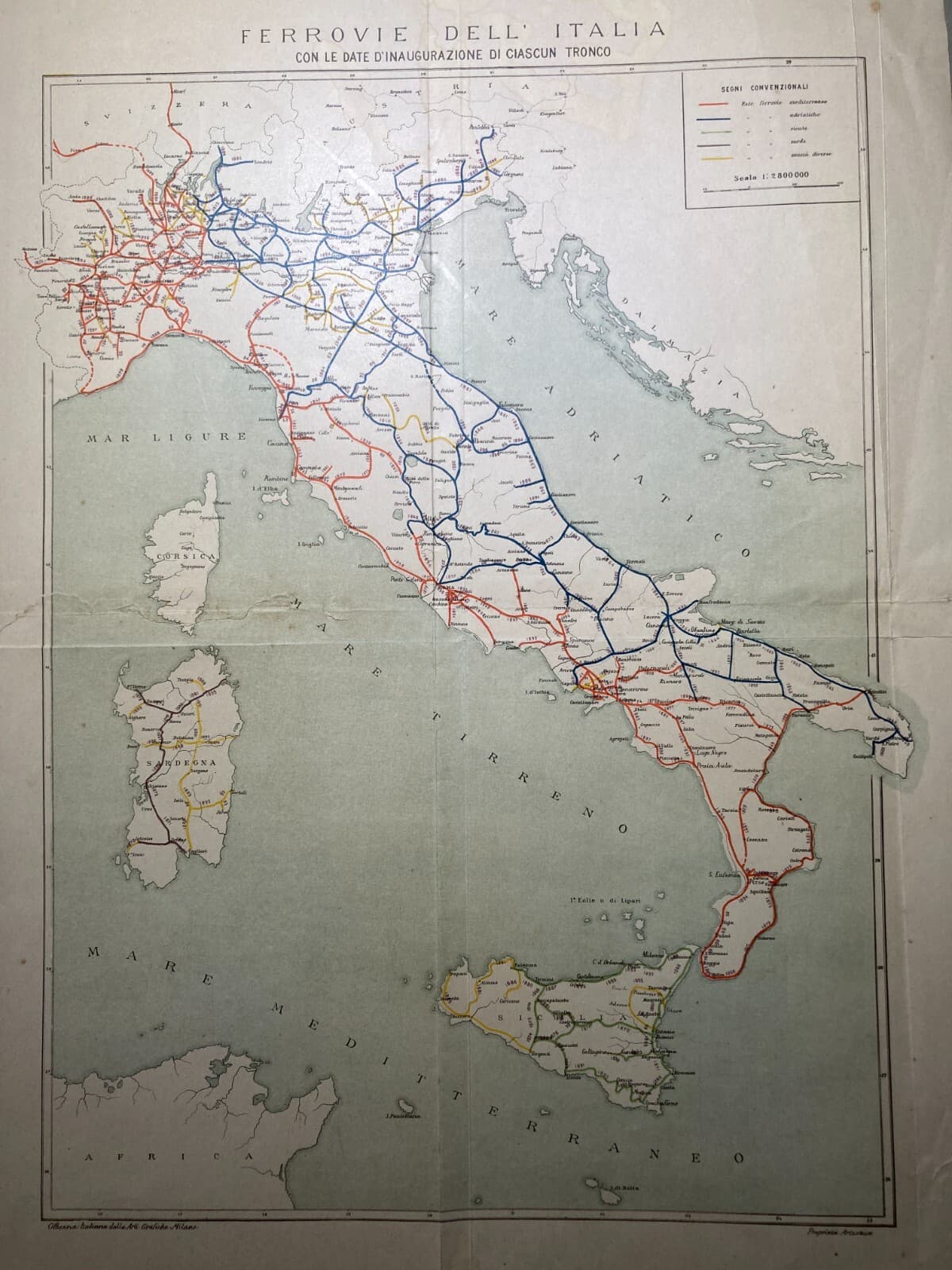 Ferrovie Italiane: Mappa Delle Strade Ferrate Adriatiche, Siciliane, Sarde E Tirreniche
