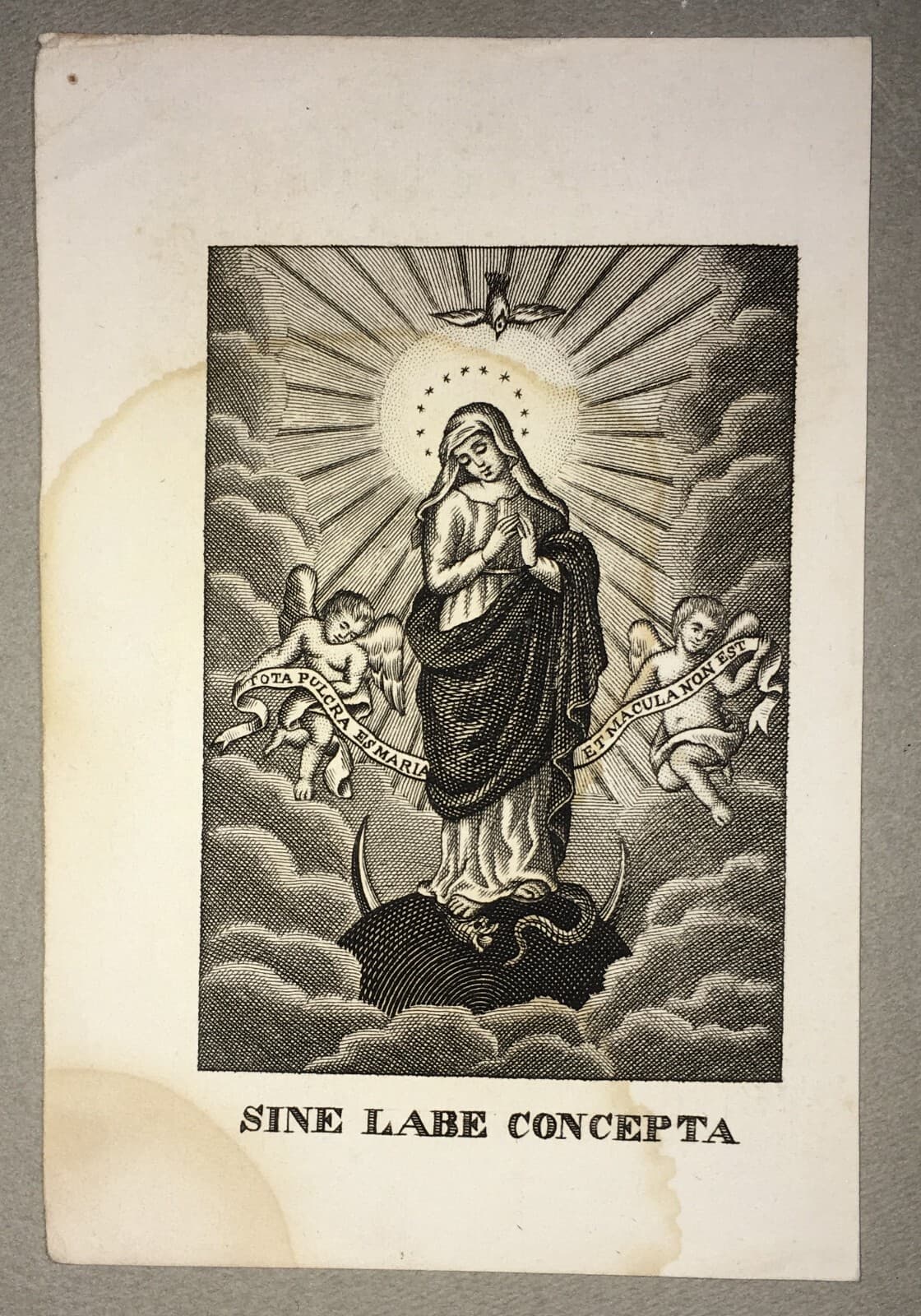 Antica Stampa Popolare Devozionale: Madonna Immacolata, Incisione Santino, XIX Secolo