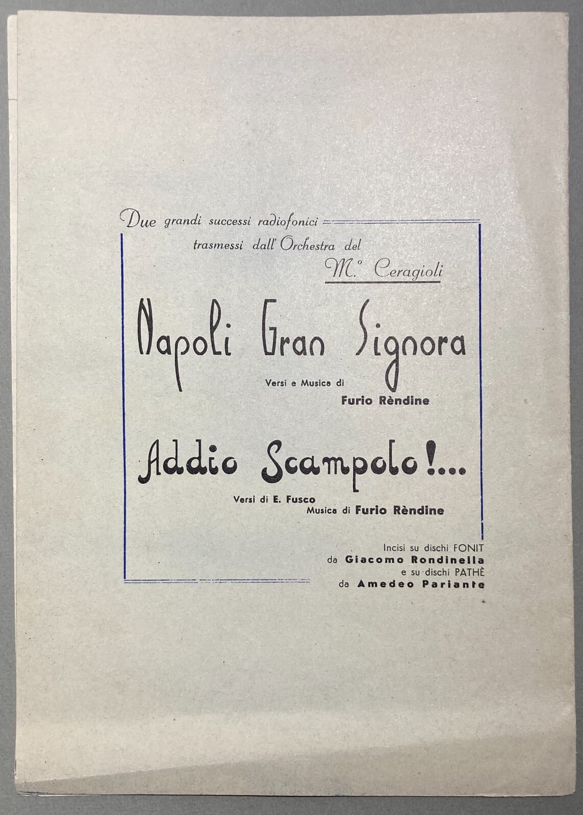 Musica, Radiofonia, Napoli E Milano: Spartito Musicale Fra Napule E Milano   Sessa, Rendine