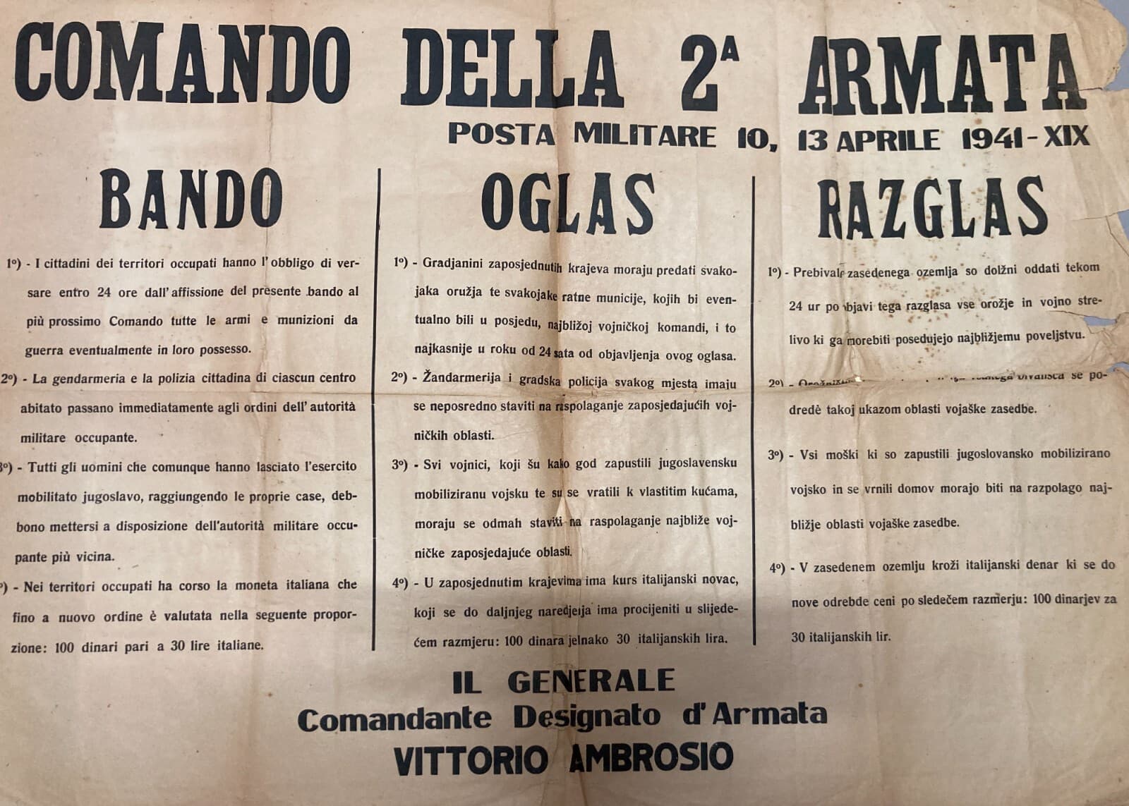 Militaria, Seconda Armata, Generale Ambrosio, Jugoslavia, 1941, Grande Manifesto