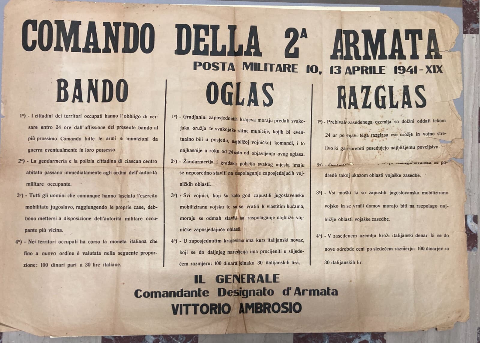 Militaria, Seconda Armata, Generale Ambrosio, Jugoslavia, 1941, Grande Manifesto