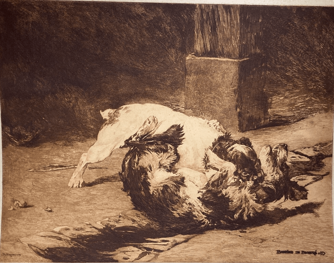 Charles Herrmann Léon   Bastien De Beaupré: Grande Incisione "Lotta Tra Cani"