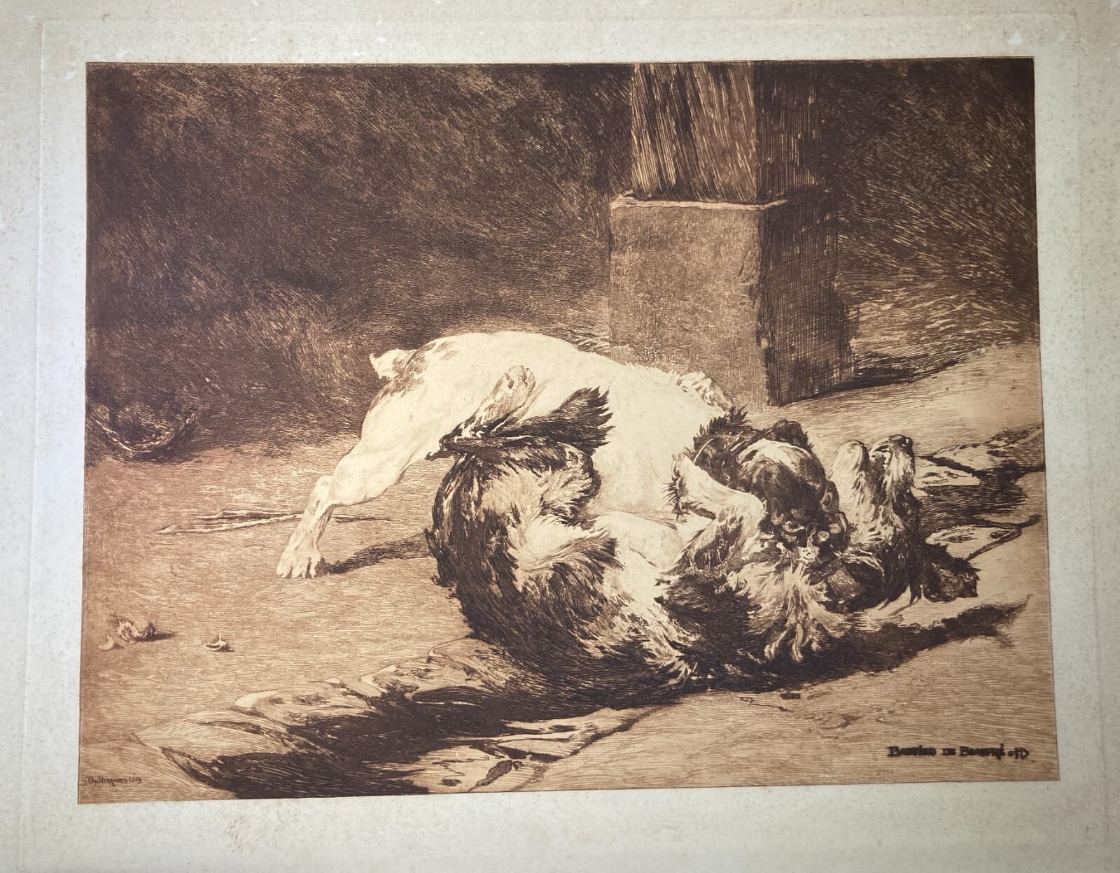 Charles Herrmann Léon   Bastien De Beaupré: Grande Incisione "Lotta Tra Cani"