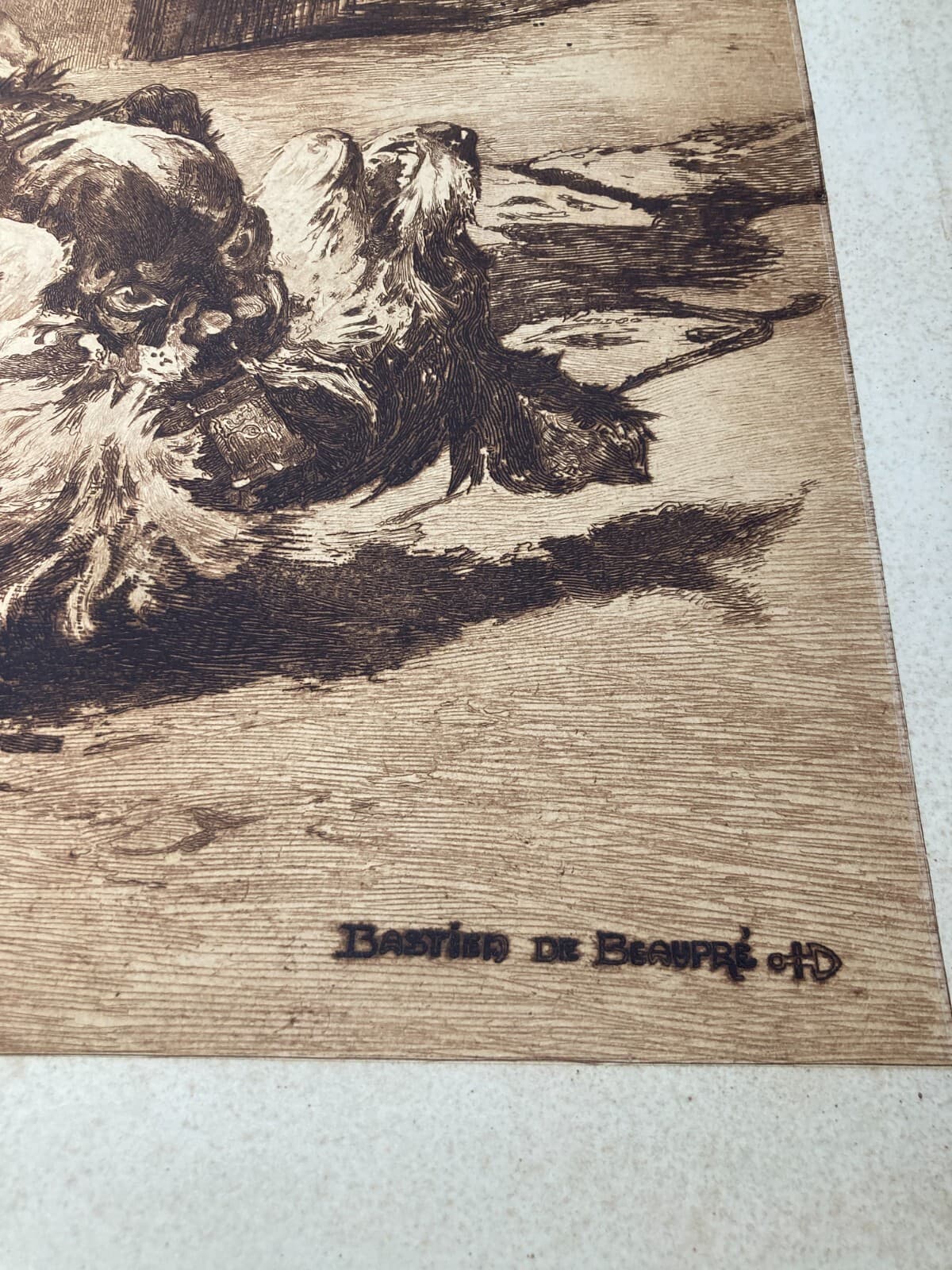 Charles Herrmann Léon   Bastien De Beaupré: Grande Incisione "Lotta Tra Cani"