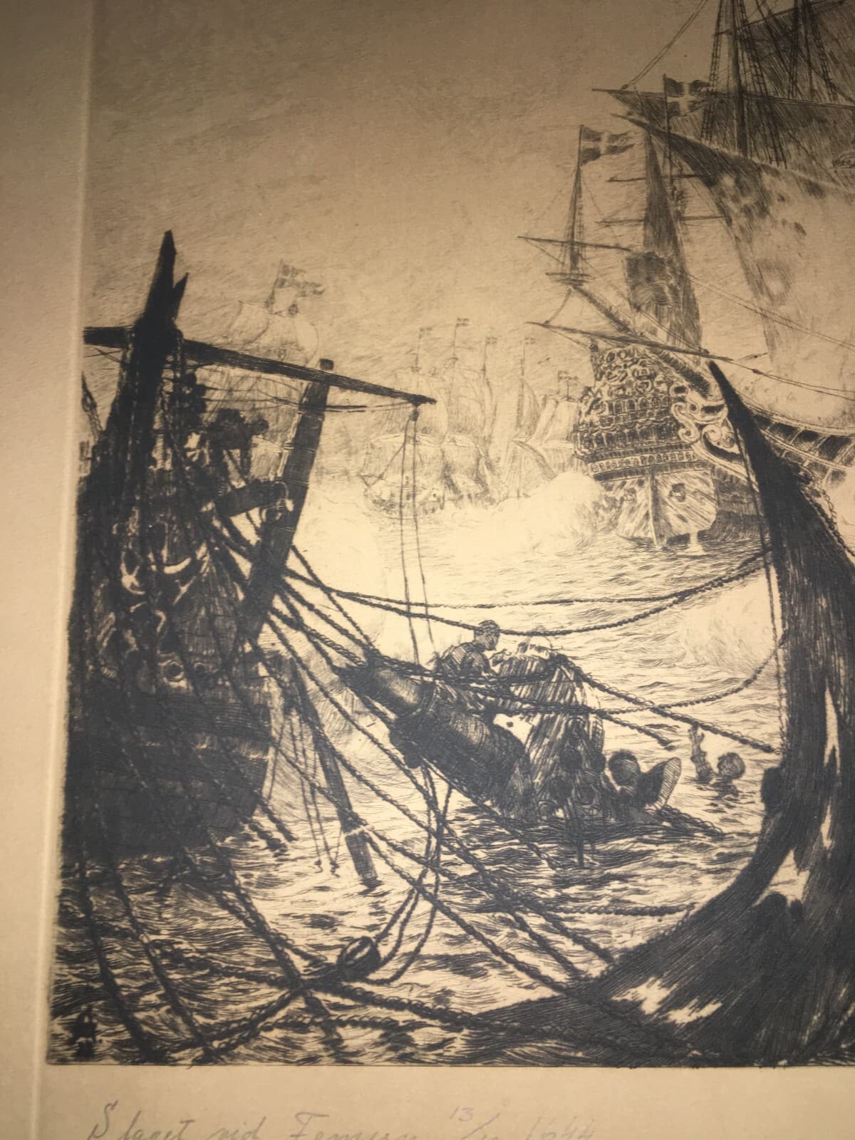 Militaria, Marineria Svedese: Battaglia Navale Del 1644, Grande Incisione Di Gerhard Albe (1922)