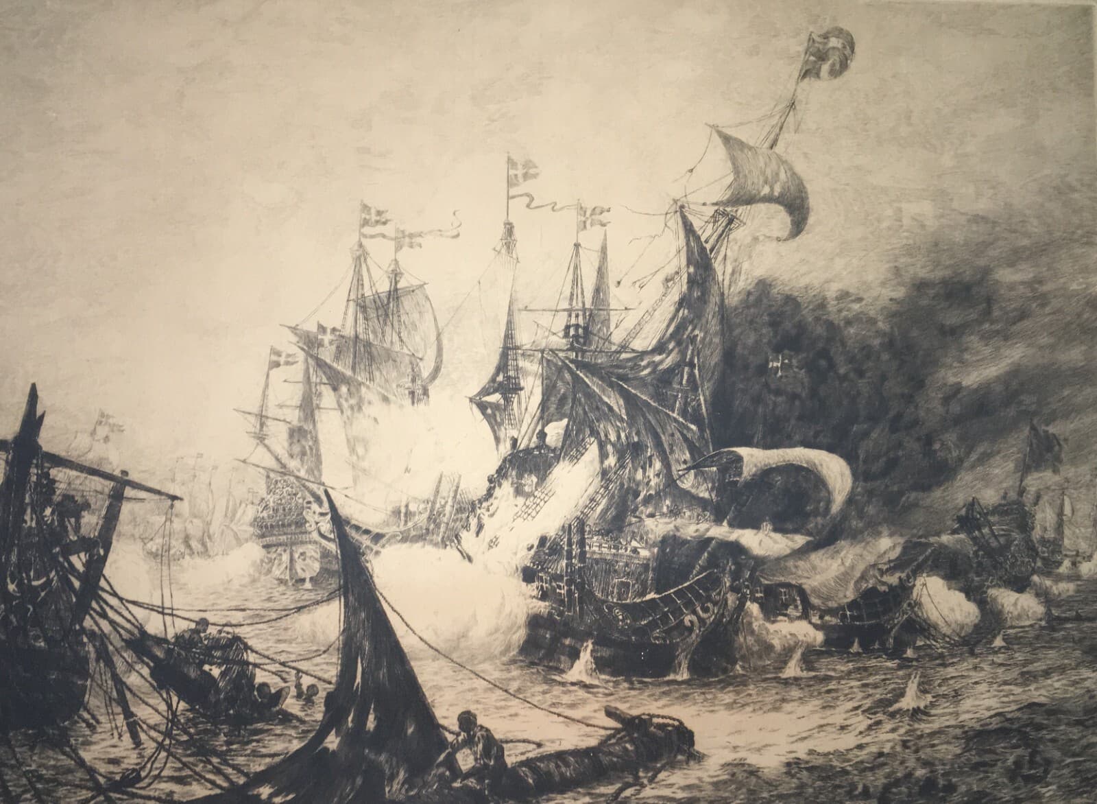 Militaria, Marineria Svedese: Battaglia Navale Del 1644, Grande Incisione Di Gerhard Albe (1922)