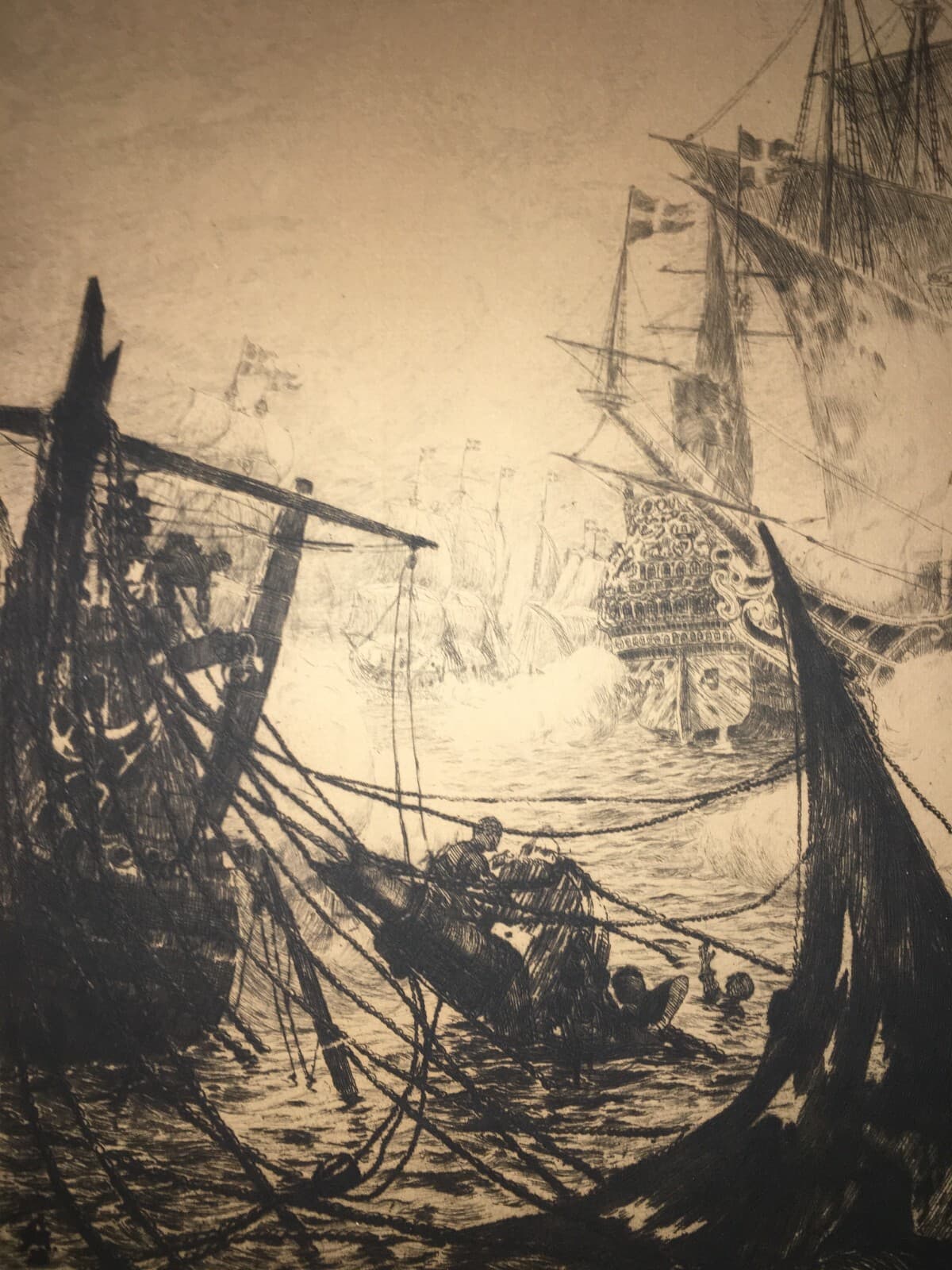 Militaria, Marineria Svedese: Battaglia Navale Del 1644, Grande Incisione Di Gerhard Albe (1922)