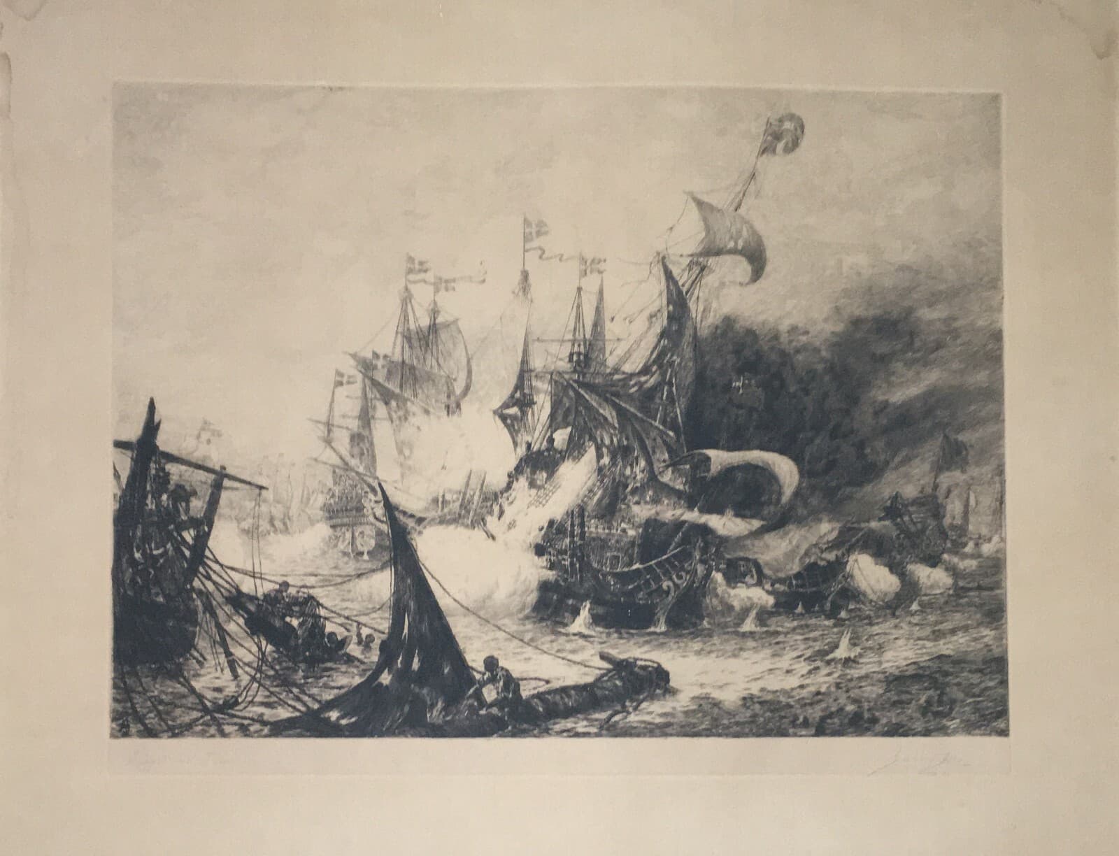 Militaria, Marineria Svedese: Battaglia Navale Del 1644, Grande Incisione Di Gerhard Albe (1922)