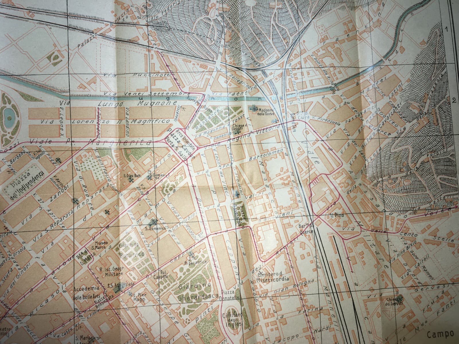 Firenze: Antica Mappa Topografica E Stradario Cittadino Con Palazzi, Chiese E Giardini