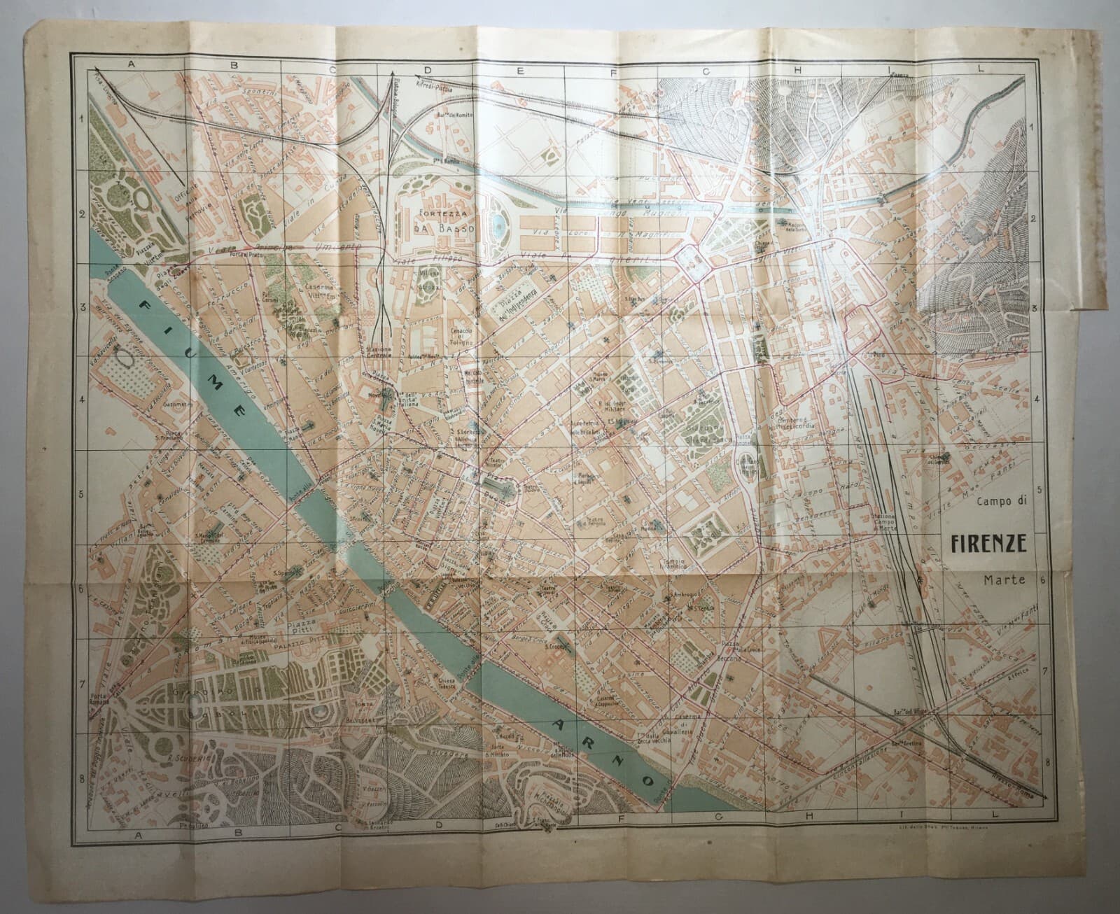 Firenze: Antica Mappa Topografica E Stradario Cittadino Con Palazzi, Chiese E Giardini