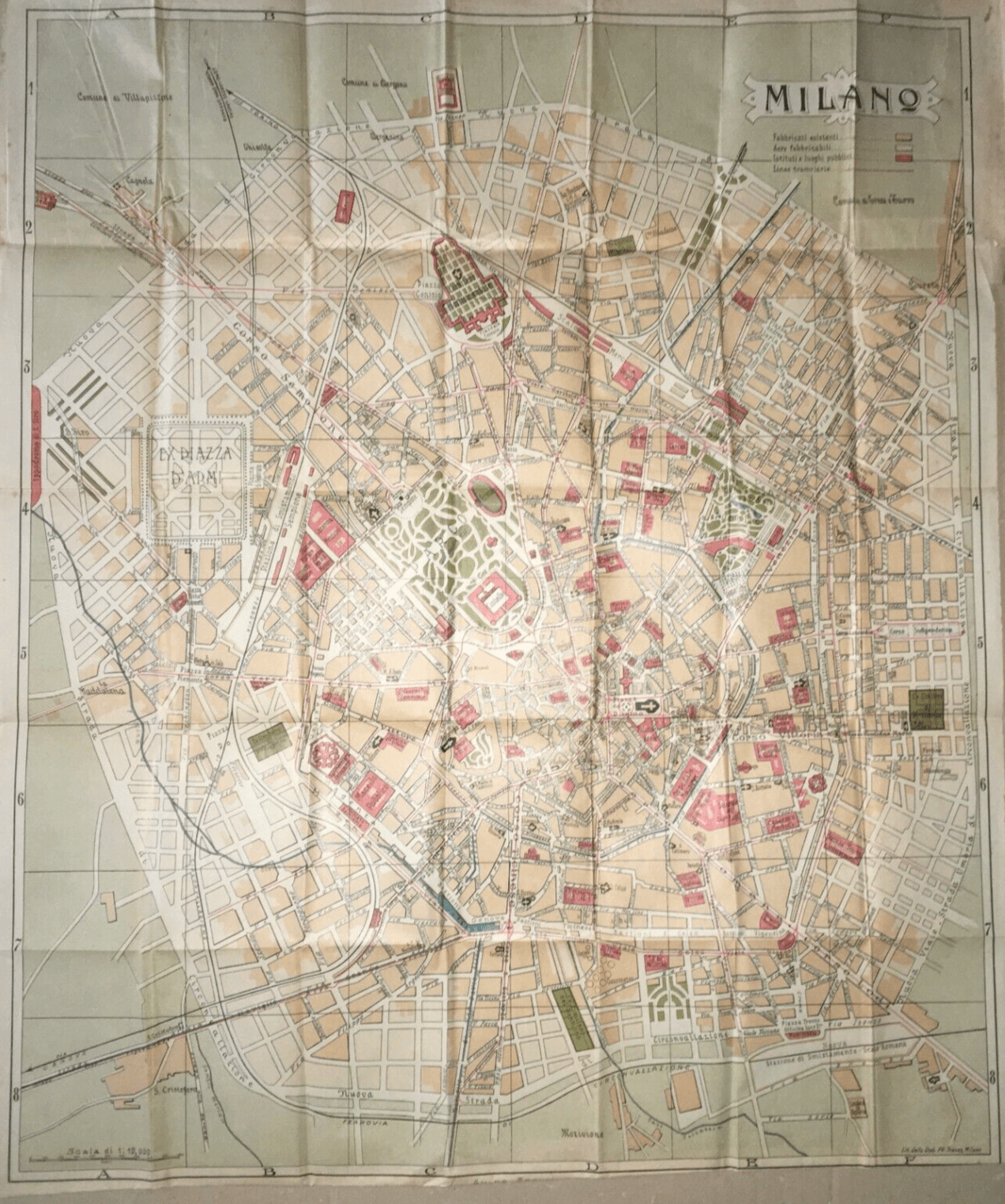 Milano: Antica Mappa Topografica, Stradario Cittadino E Giardini
