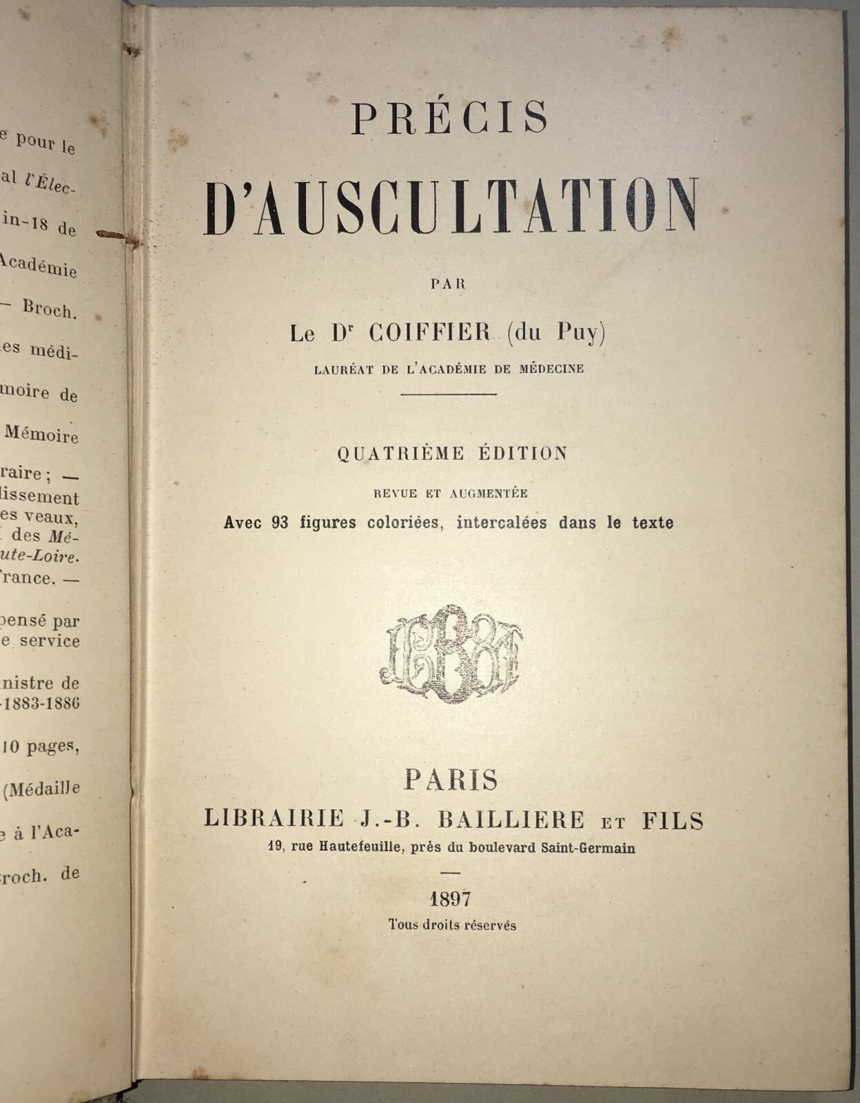 Medicina: Cardiologia, Ascoltazione Del Cuore E Pneumologia. Dr. Coiffier, 1897