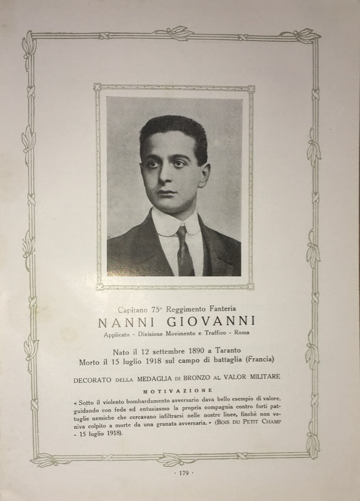 Militaria: Grande Guerra, Ferrovie. Ferrovieri Caduti Per La Patria, Giovanni Nanni (Taranto)