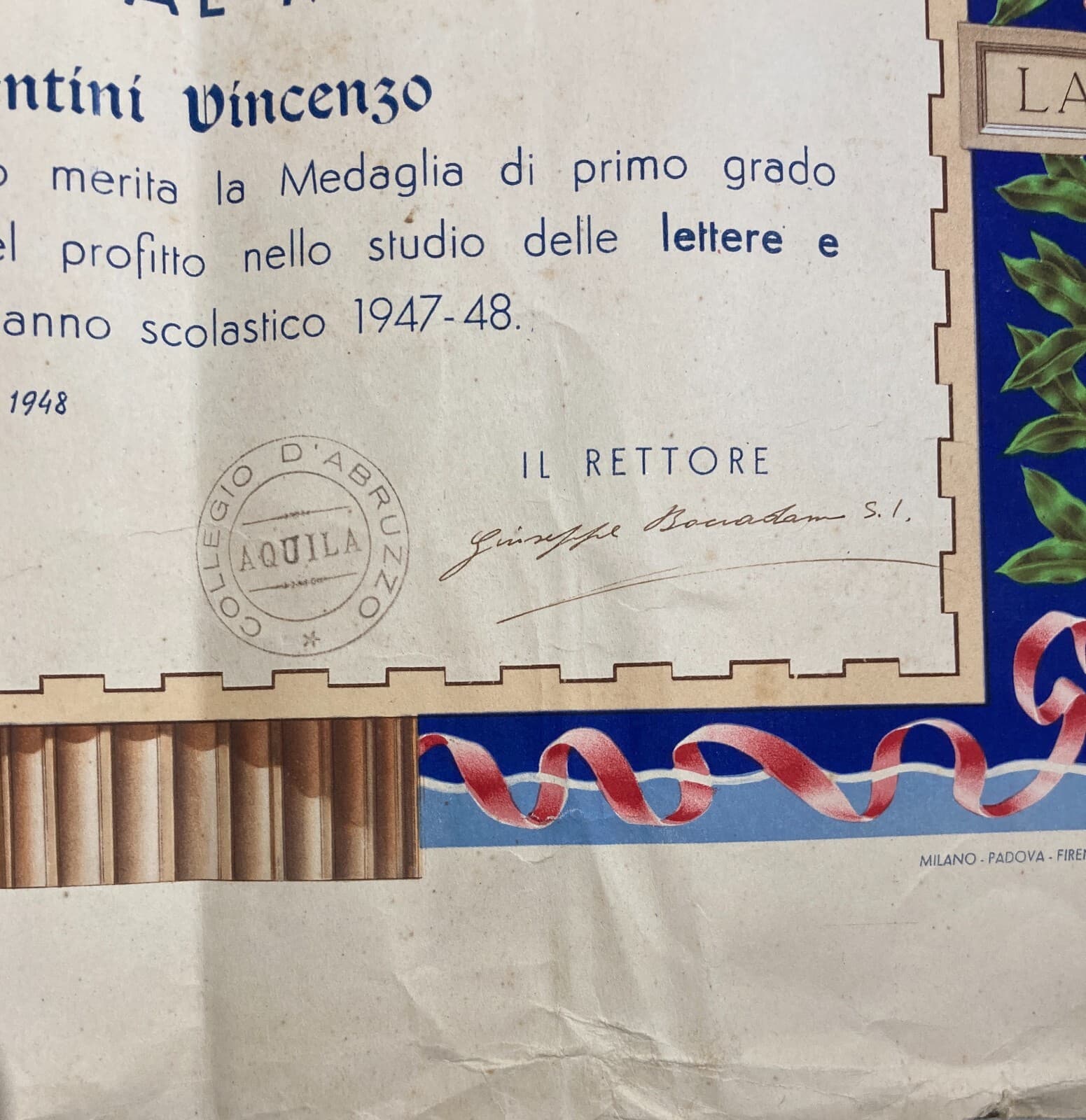 Abruzzo, L'Aquila: Diploma Di Merito Del Collegio d'Abruzzo, 1948