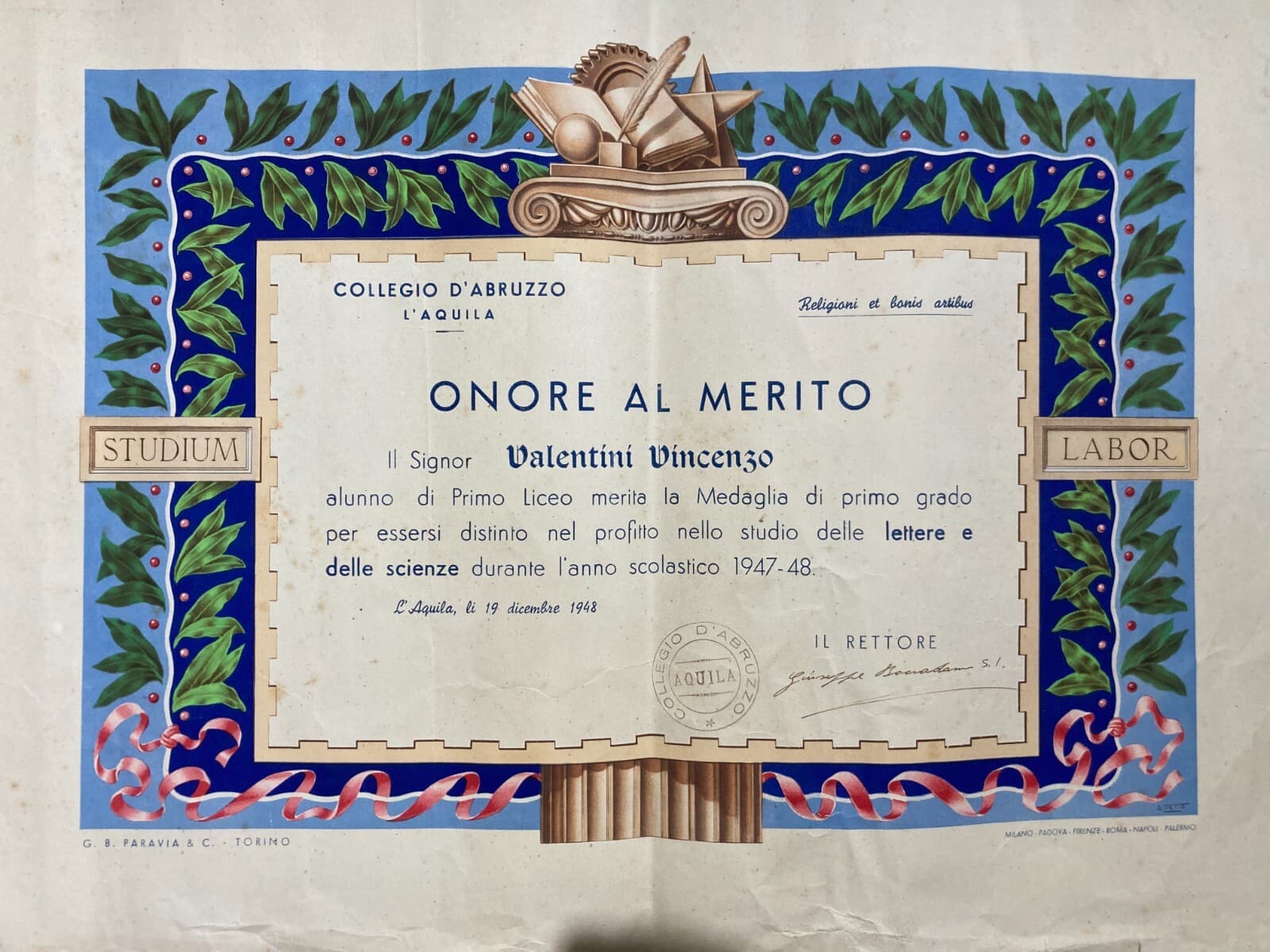 Abruzzo, L'Aquila: Diploma Di Merito Del Collegio d'Abruzzo, 1948