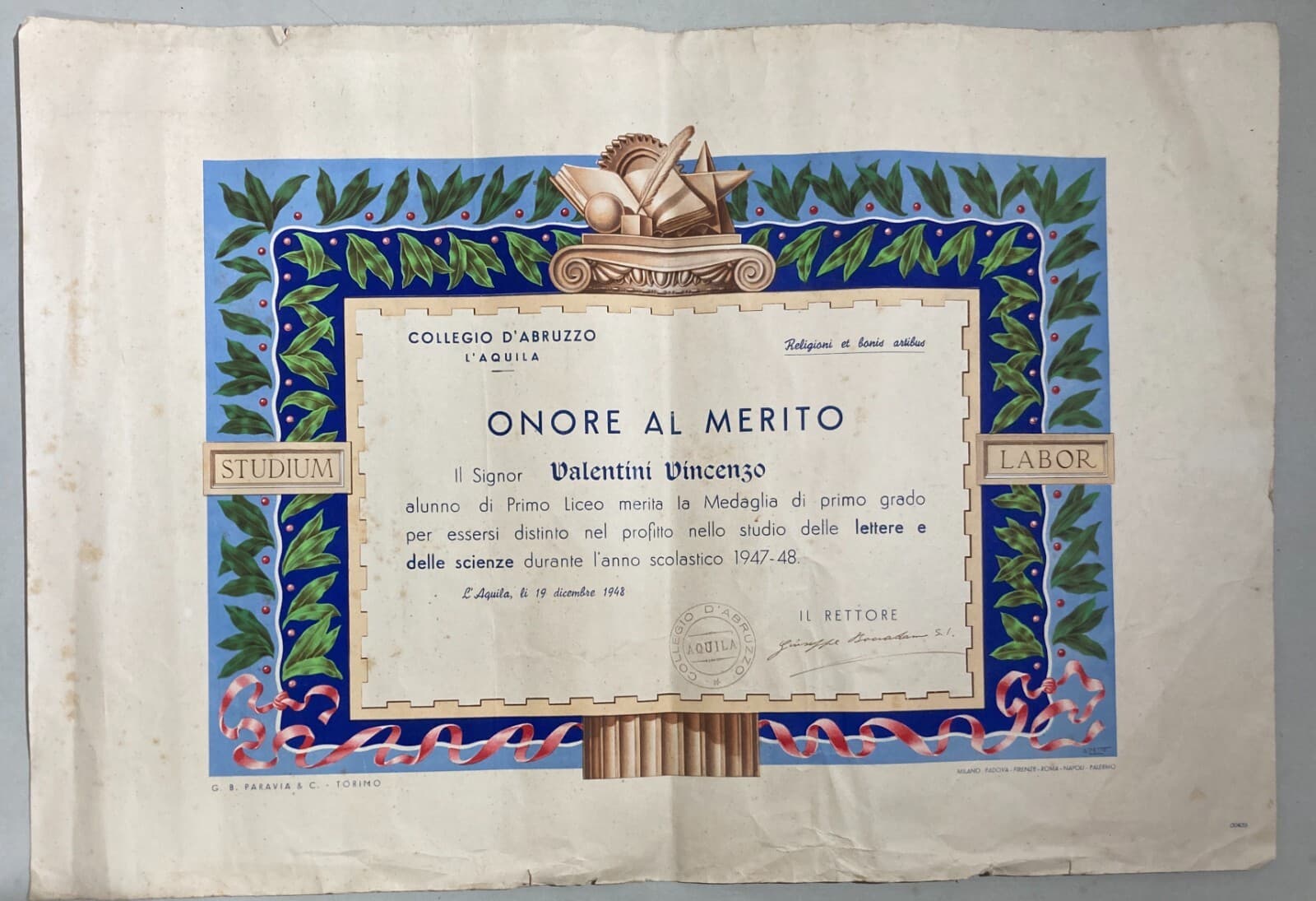 Abruzzo, L'Aquila: Diploma Di Merito Del Collegio d'Abruzzo, 1948