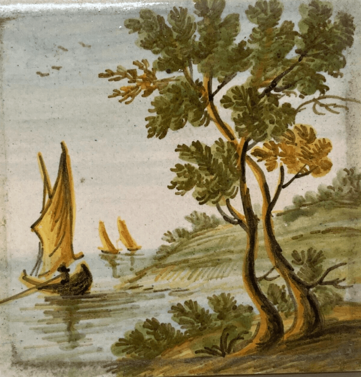 Abruzzo, Castelli, Mattonella In Ceramica Dipinta Con Paesaggio, Alberi E Barche