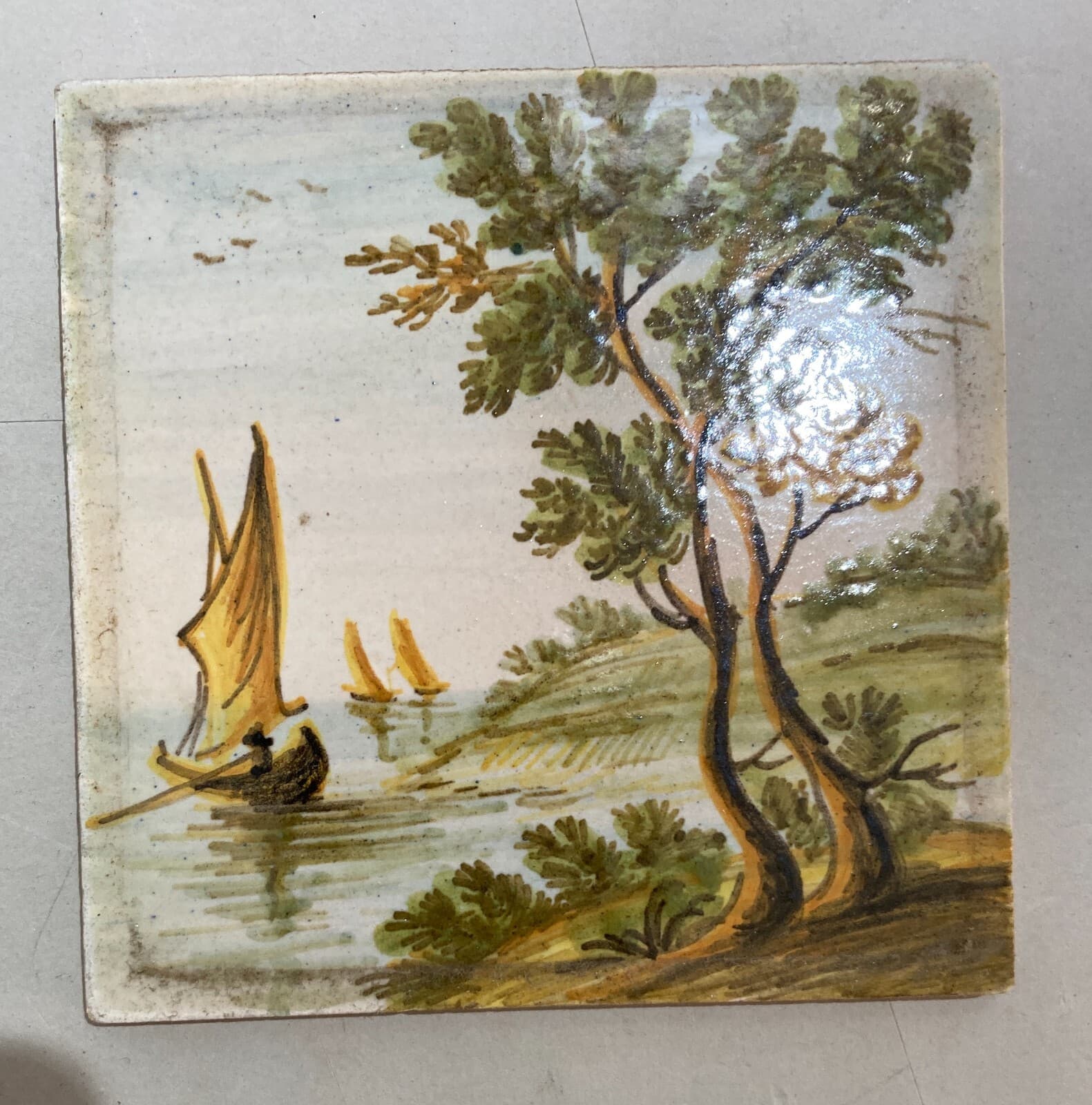 Abruzzo, Castelli, Mattonella In Ceramica Dipinta Con Paesaggio, Alberi E Barche