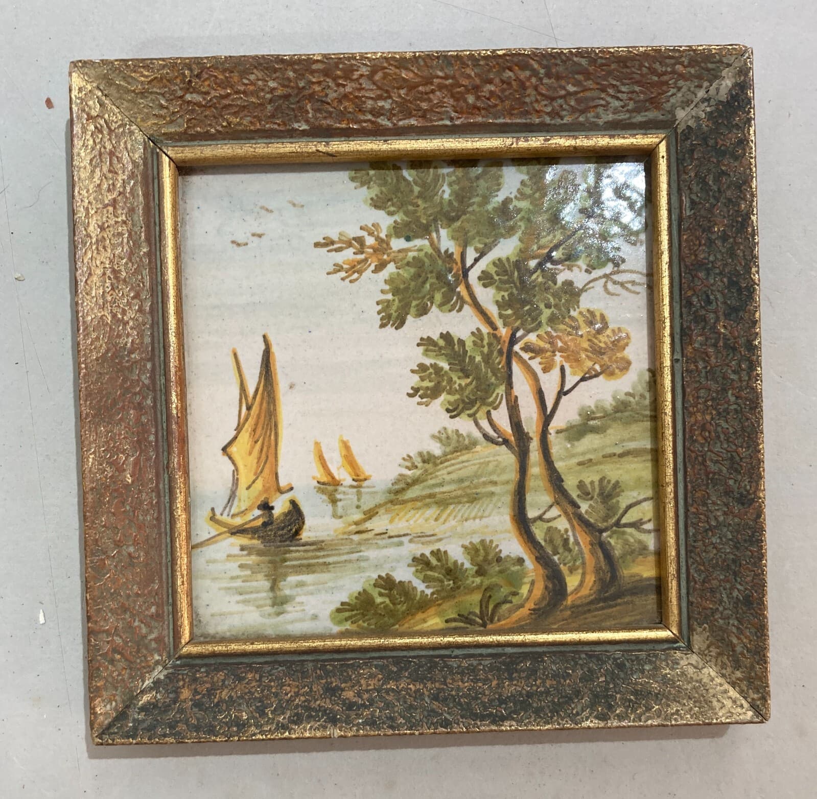 Abruzzo, Castelli, Mattonella In Ceramica Dipinta Con Paesaggio, Alberi E Barche