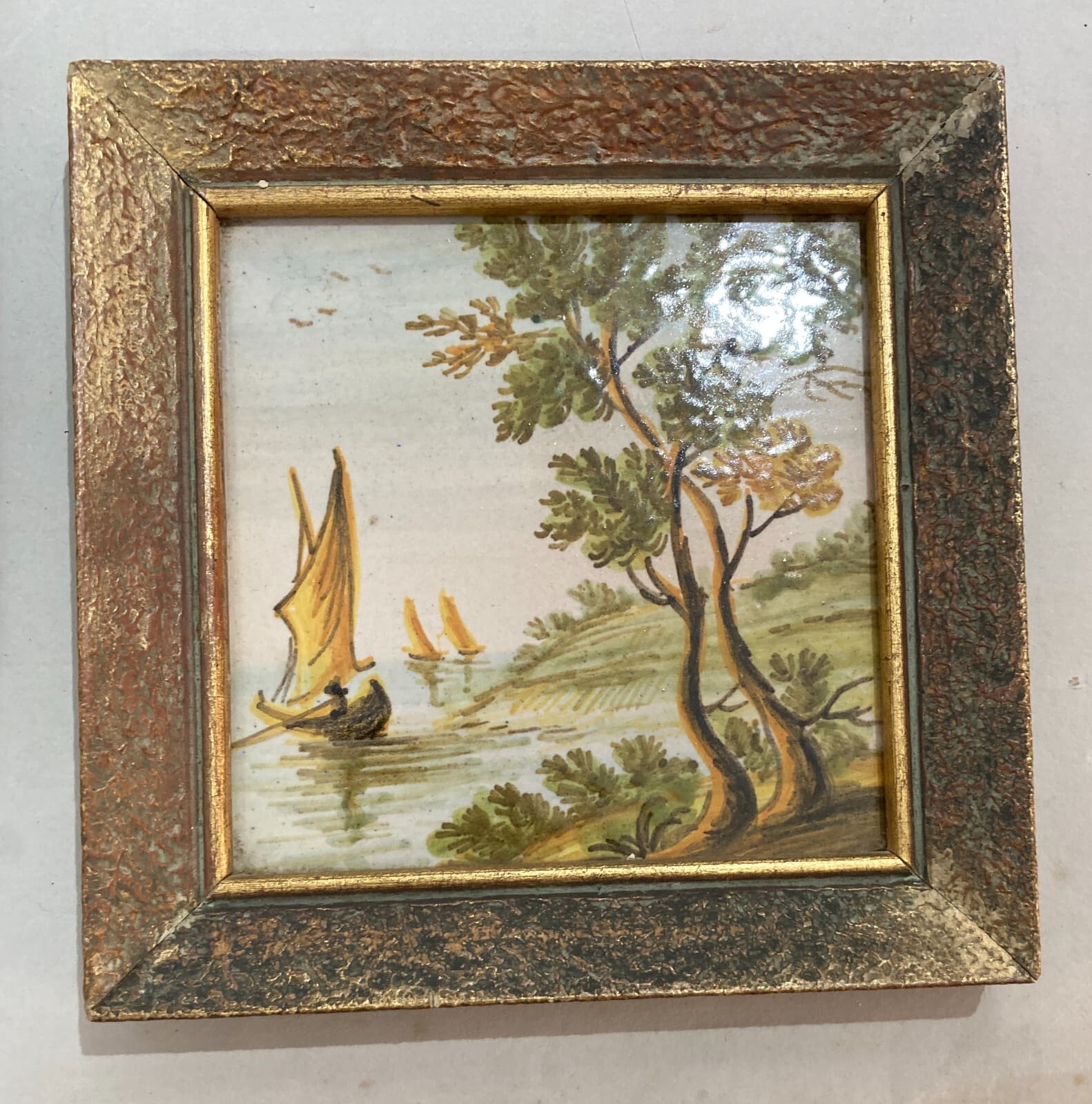 Abruzzo, Castelli, Mattonella In Ceramica Dipinta Con Paesaggio, Alberi E Barche