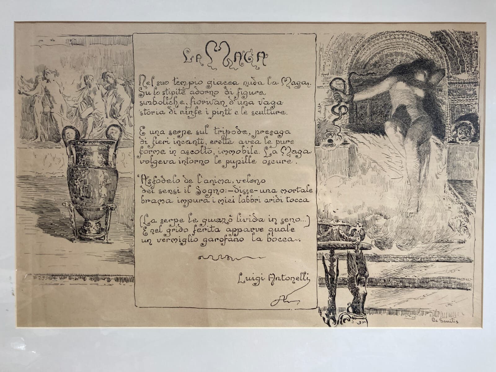 La Maga, Antica Stampa Litografica Da Guglielmo De Sanctis, L'Illustrazione Abruzzese