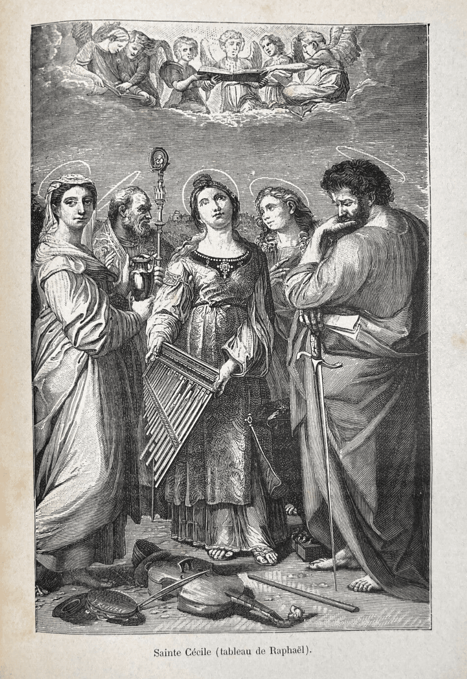 Antica Stampa Devozionale: Santa Cecilia E Strumenti Musicali (Raffaello)