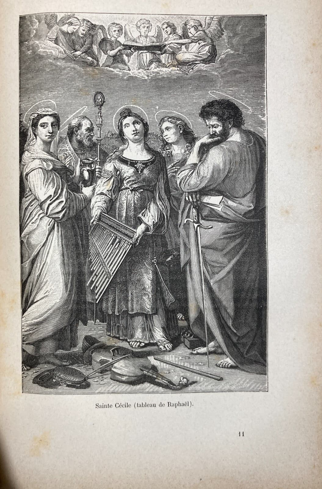 Antica Stampa Devozionale: Santa Cecilia E Strumenti Musicali (Raffaello)