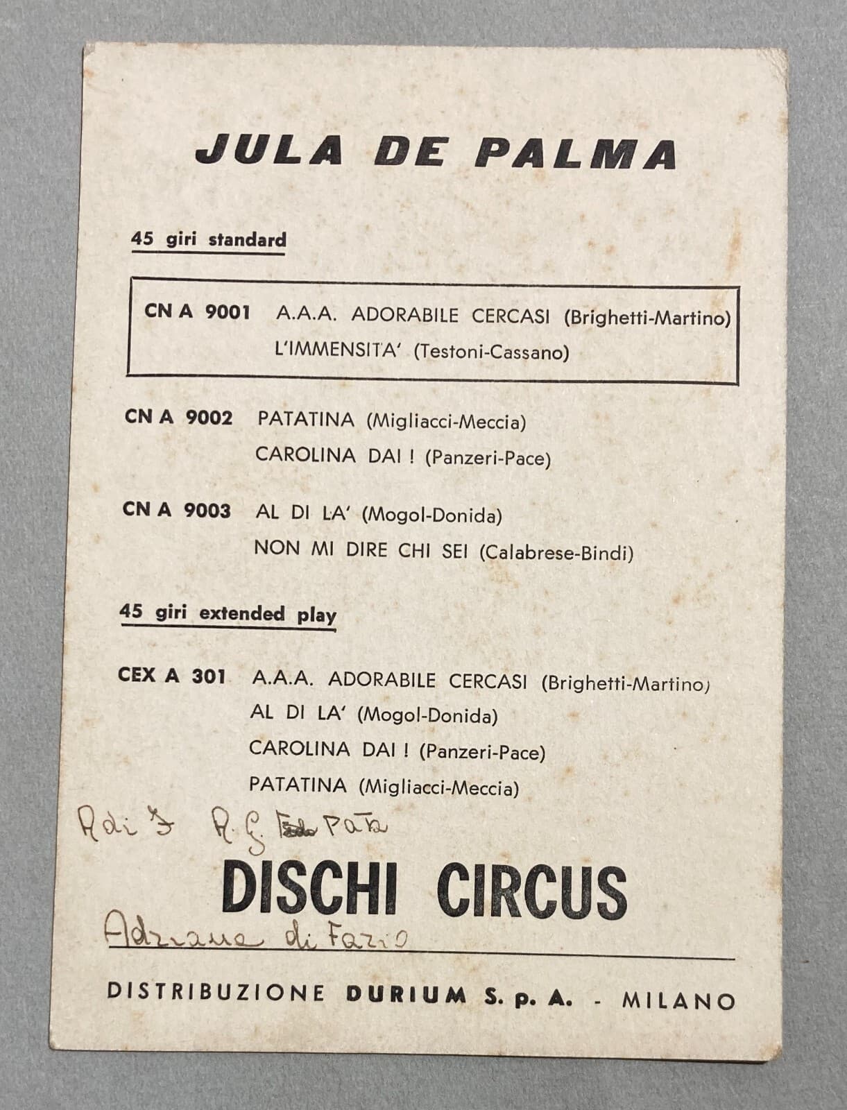 Musica: Jula De Palma, Cartolina Pubblicitaria Dischi Circus, Durium, Milano